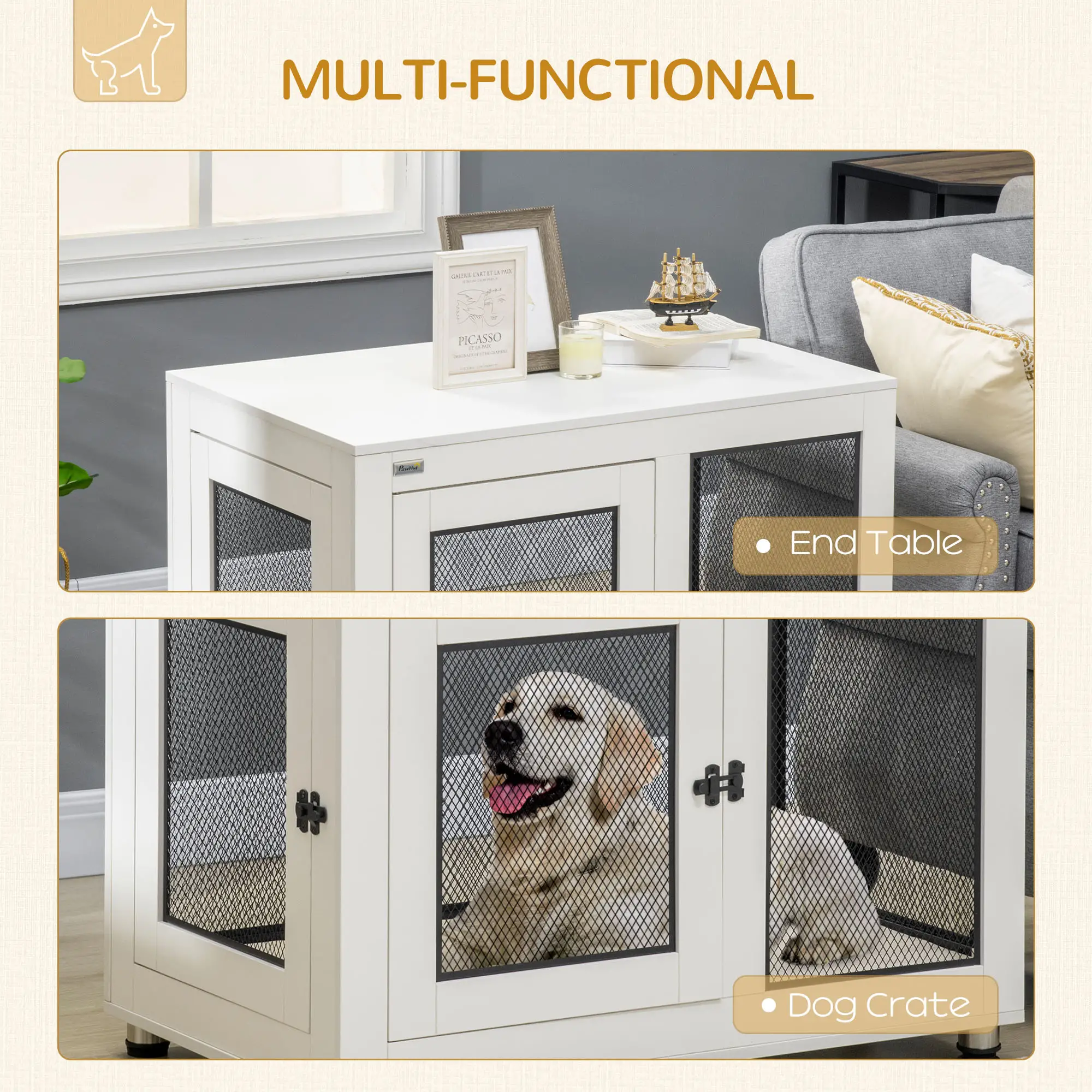 Pet Crate End Table with Water-resistant Cushion or Large Medium Dogs