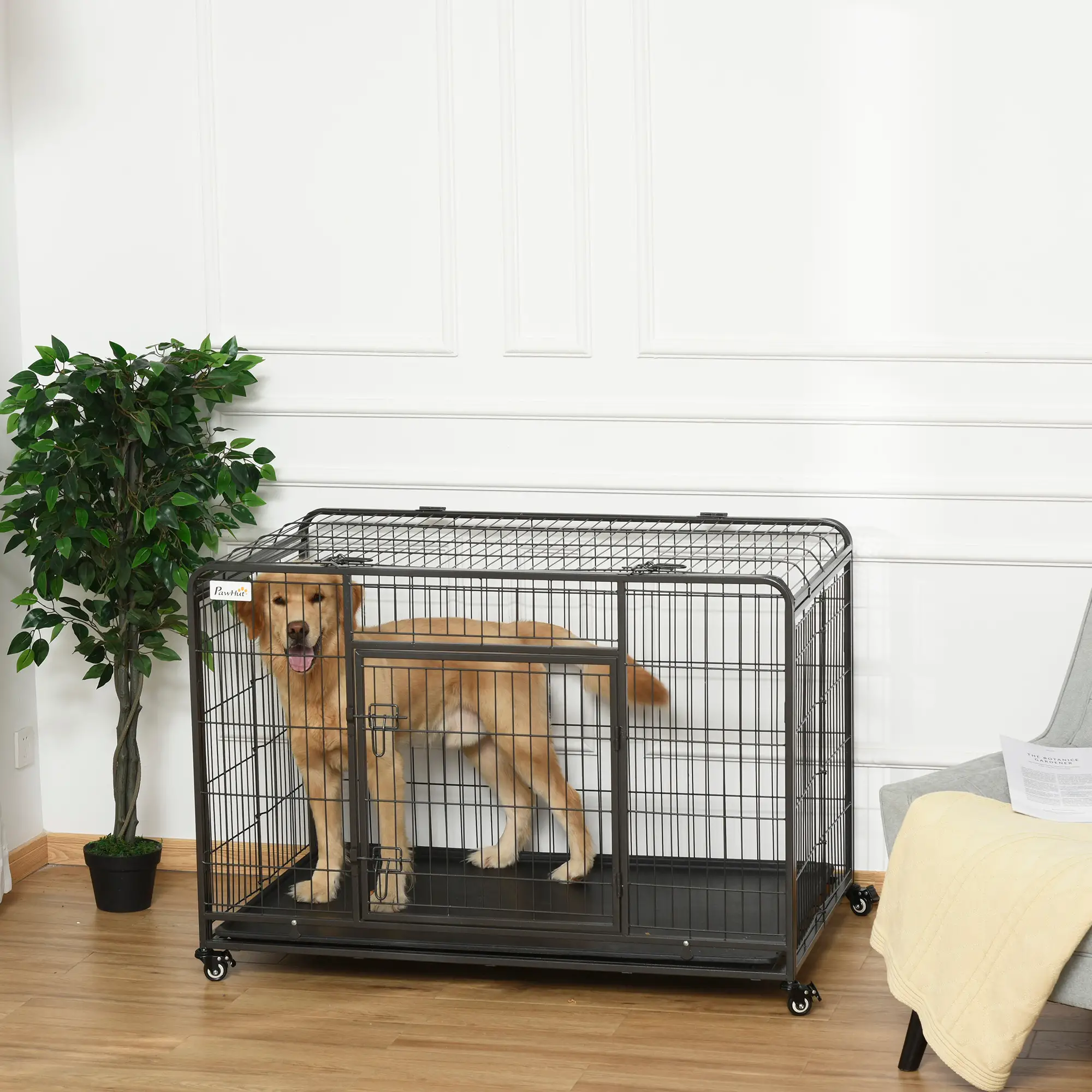 Folding Dog Crate Heavy Duty Cage for Extra Large Sized Dogs with Double Doors, Lockable Wheels Tray, 49" x 30" x 32"