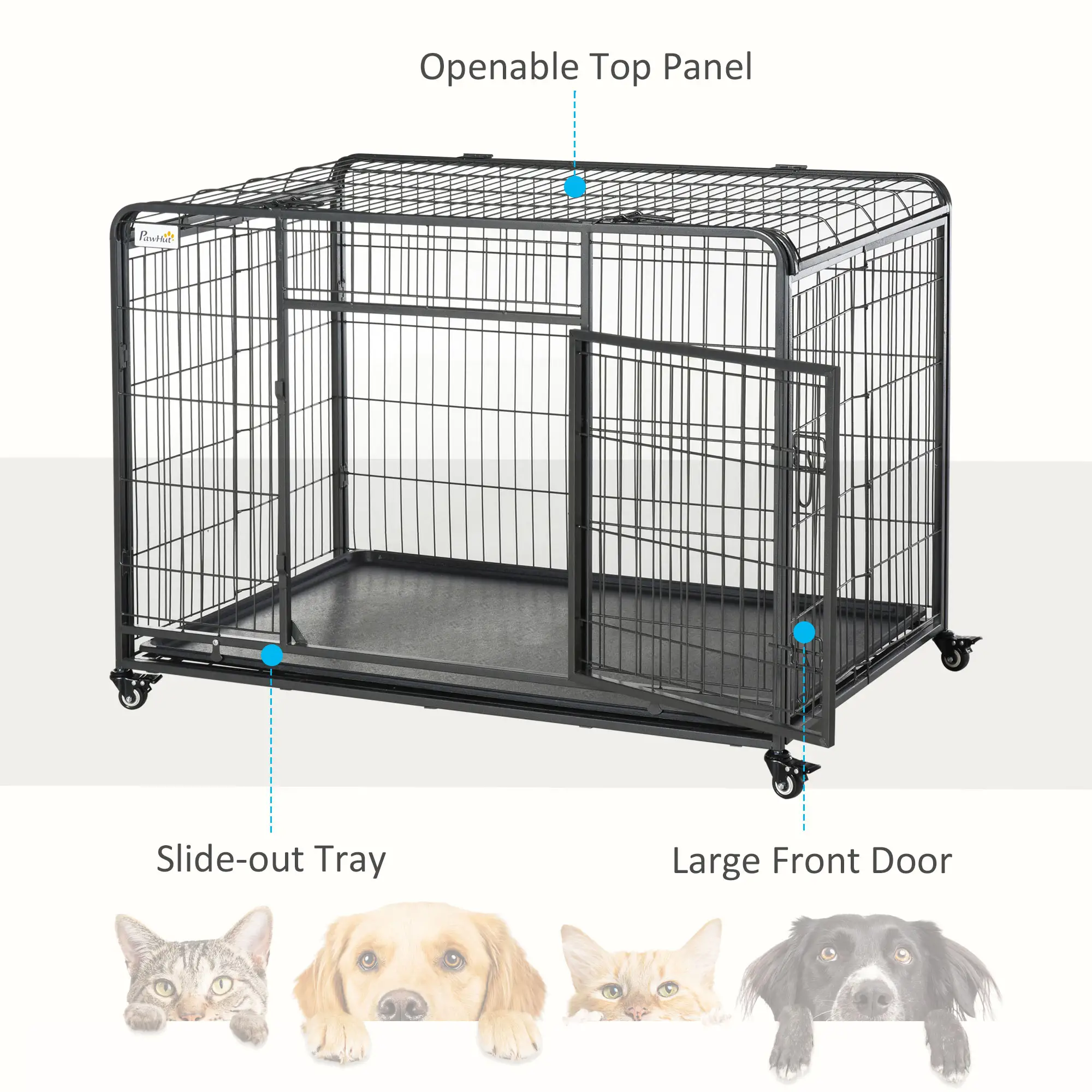 Folding Dog Crate Heavy Duty Cage for Extra Large Sized Dogs with Double Doors, Lockable Wheels Tray, 49" x 30" x 32"