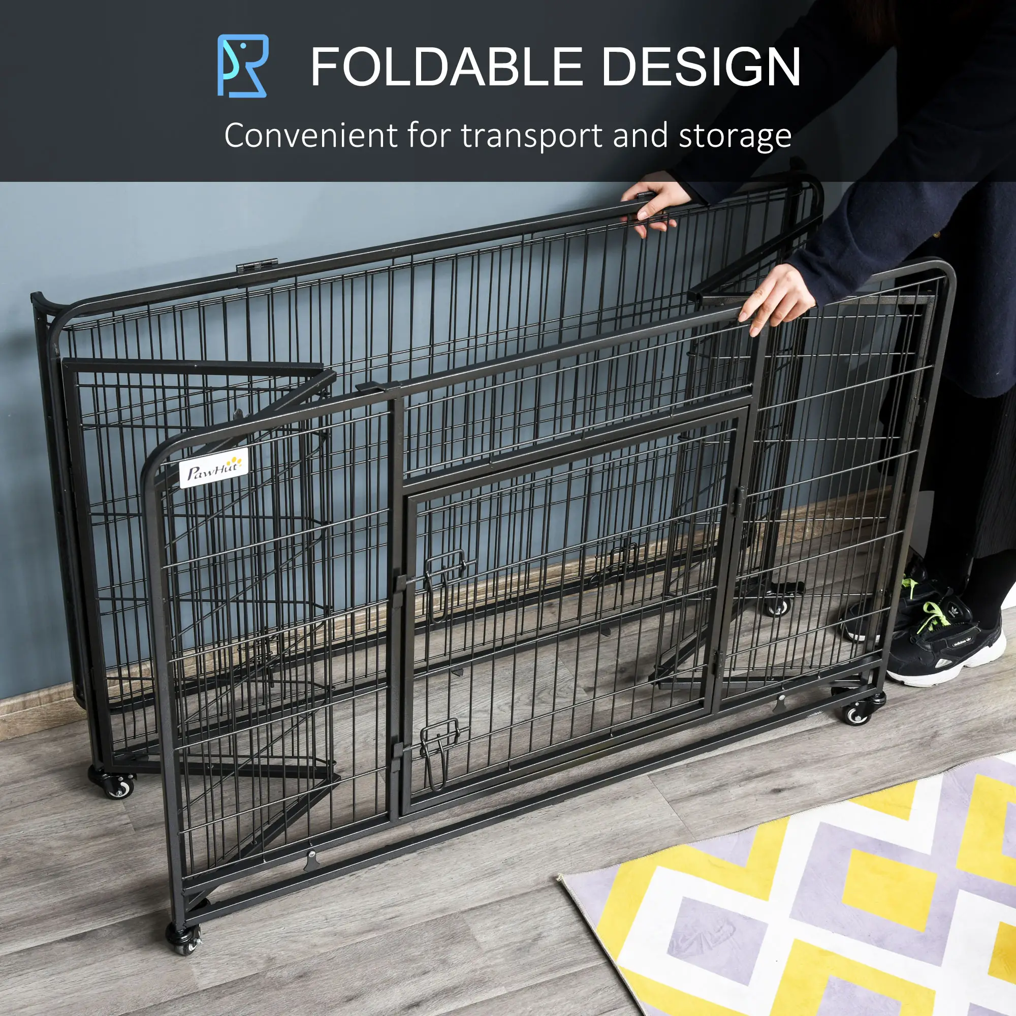 Folding Dog Crate Heavy Duty Cage for Extra Large Sized Dogs with Double Doors, Lockable Wheels Tray, 49" x 30" x 32"