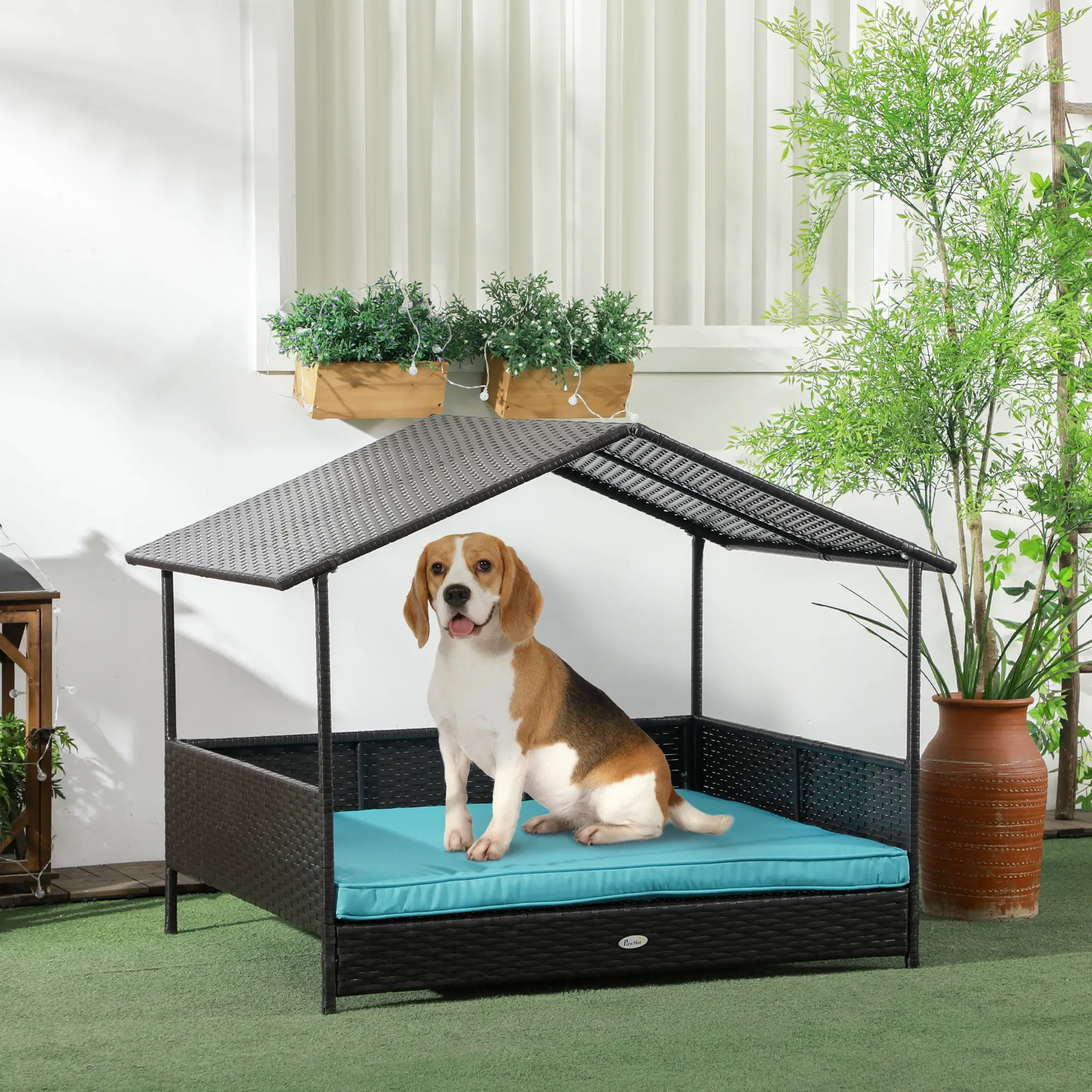 Dog House Wicker Dog Bed with Soft Cushion Washable Cover, for Medium Large Dogs Indoor Outdoor
