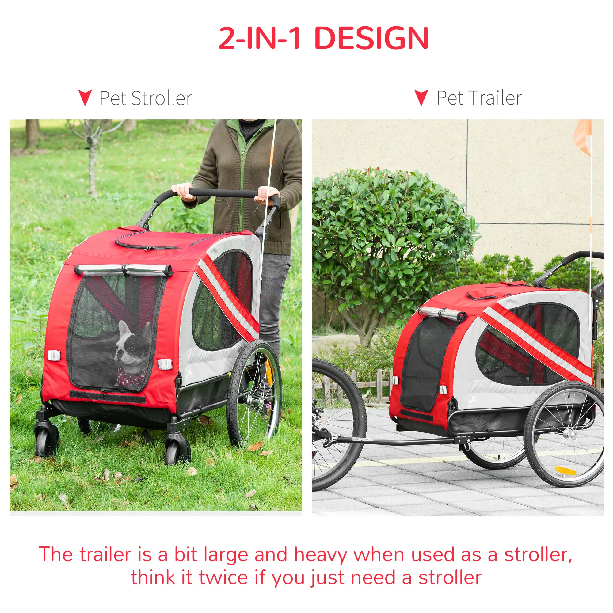 Dog Bike Trailer, 2-in-1 Dog Wagon Pet Stroller for Travel with Universal Wheel Reflectors Flag