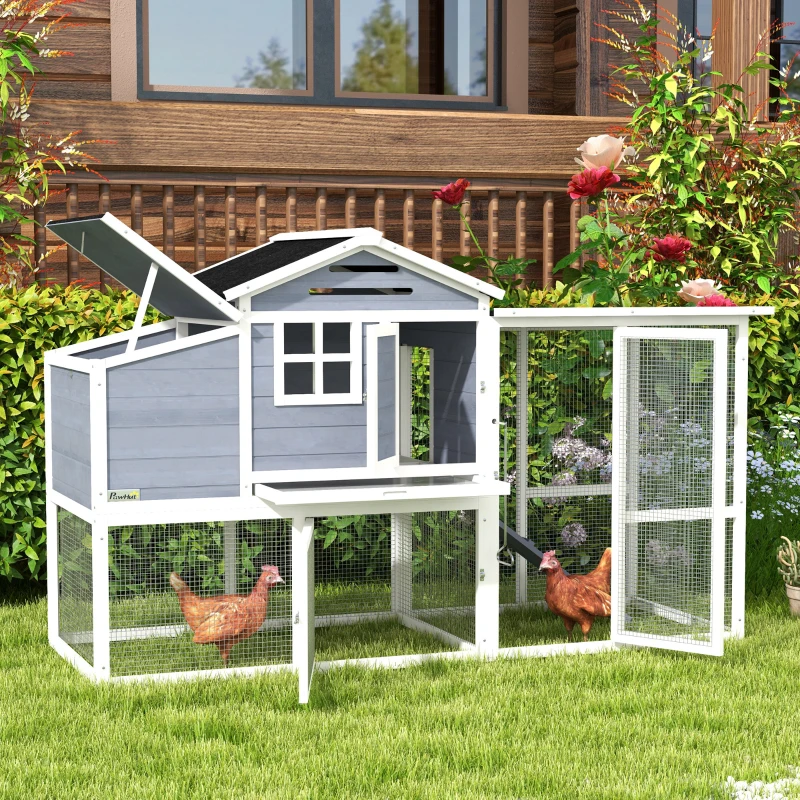 76" Wooden Chicken Coop with Outdoor Run, Nesting Box, Removable Tray and Lockable Doors