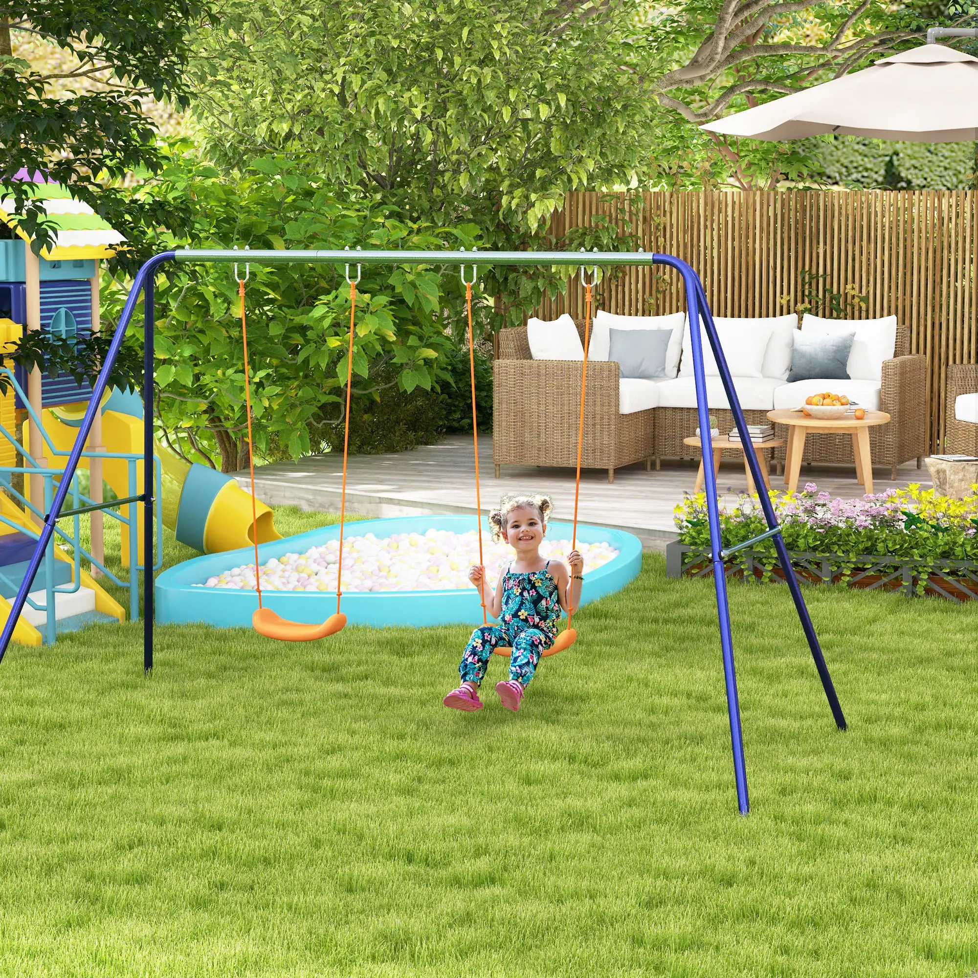 Kids Swing Set Outdoor Metal Swing Frame with Double Swing Seats for 1-2 Children Aged 3-8 Years Old