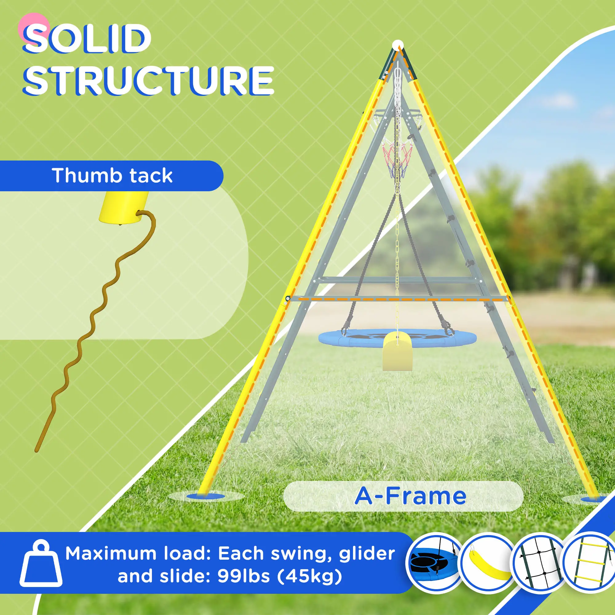 4 in 1 Swing Set for Kids with Saucer Swing, Seat, Climbing Ladder/Net, Basketball Hoop for 3-8 Years Old