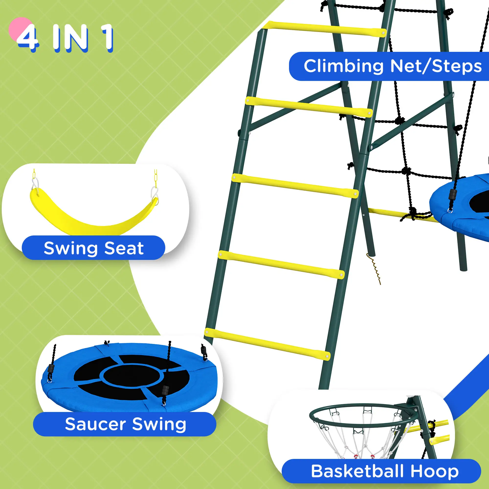 4 in 1 Swing Set for Kids with Saucer Swing, Seat, Climbing Ladder/Net, Basketball Hoop for 3-8 Years Old