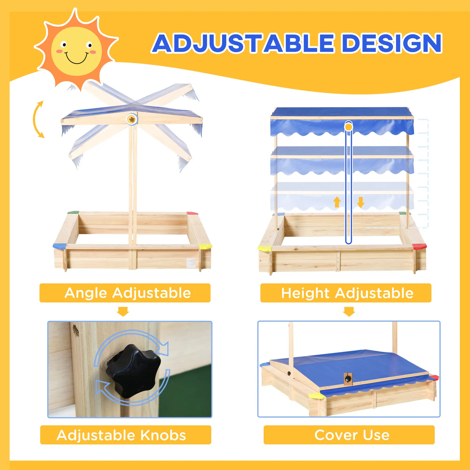 Kids Wooden Sandbox with Cover, Play Sand Station for Children Outdoor Sand box, with Seats, for Backyard, Beach, 47" x 47" x 47",