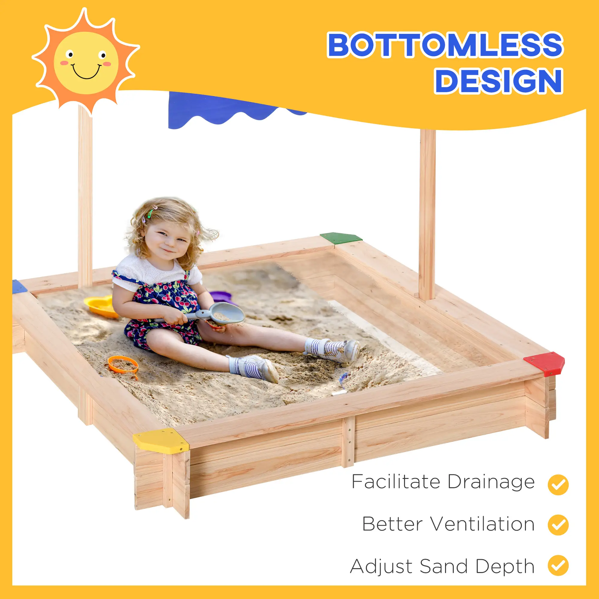 Kids Wooden Sandbox with Cover, Play Sand Station for Children Outdoor Sand box, with Seats, for Backyard, Beach, 47" x 47" x 47",