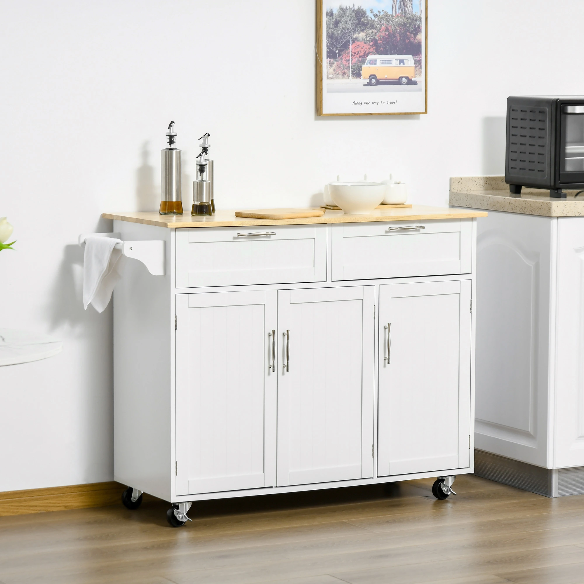 Rolling Kitchen Island, Kitchen Cart on Wheels with 2 Storage Drawers, 3 Door Cabinets and Towel Rack