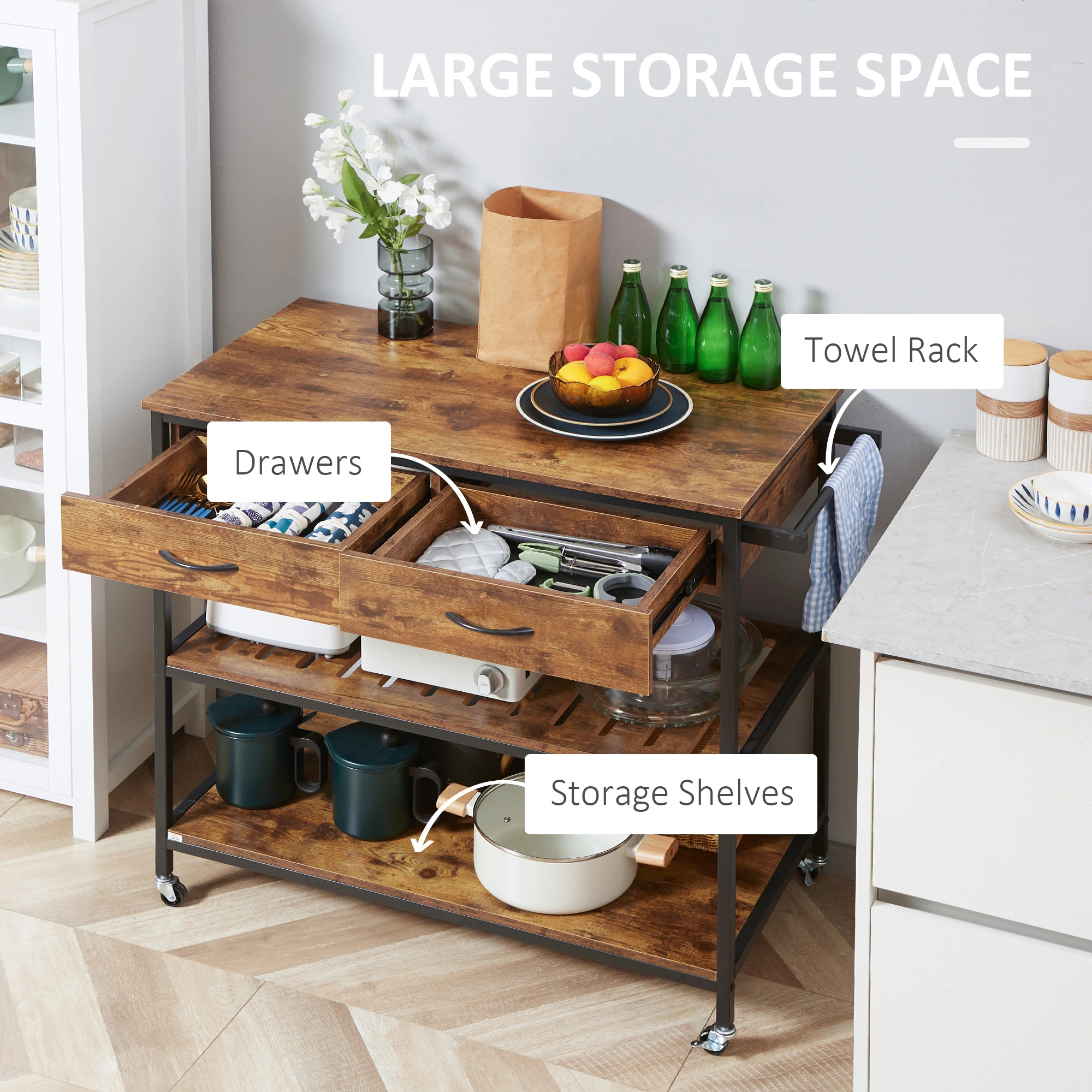  Industrial Kitchen Island with Storage, Kitchen Cart with Drawers, Storage Shelves, Towel Rack, Metal Frame