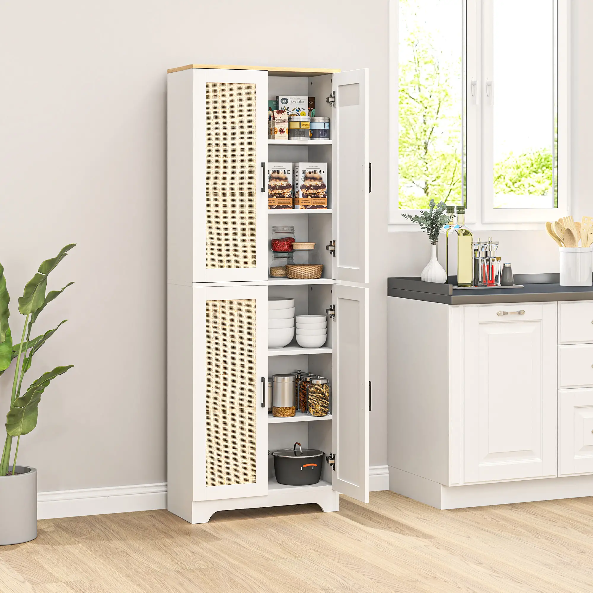67" Tall Kitchen Pantry, Freestanding Kitchen Storage Cabinet with 4 Rattan Doors and Adjustable Shelves