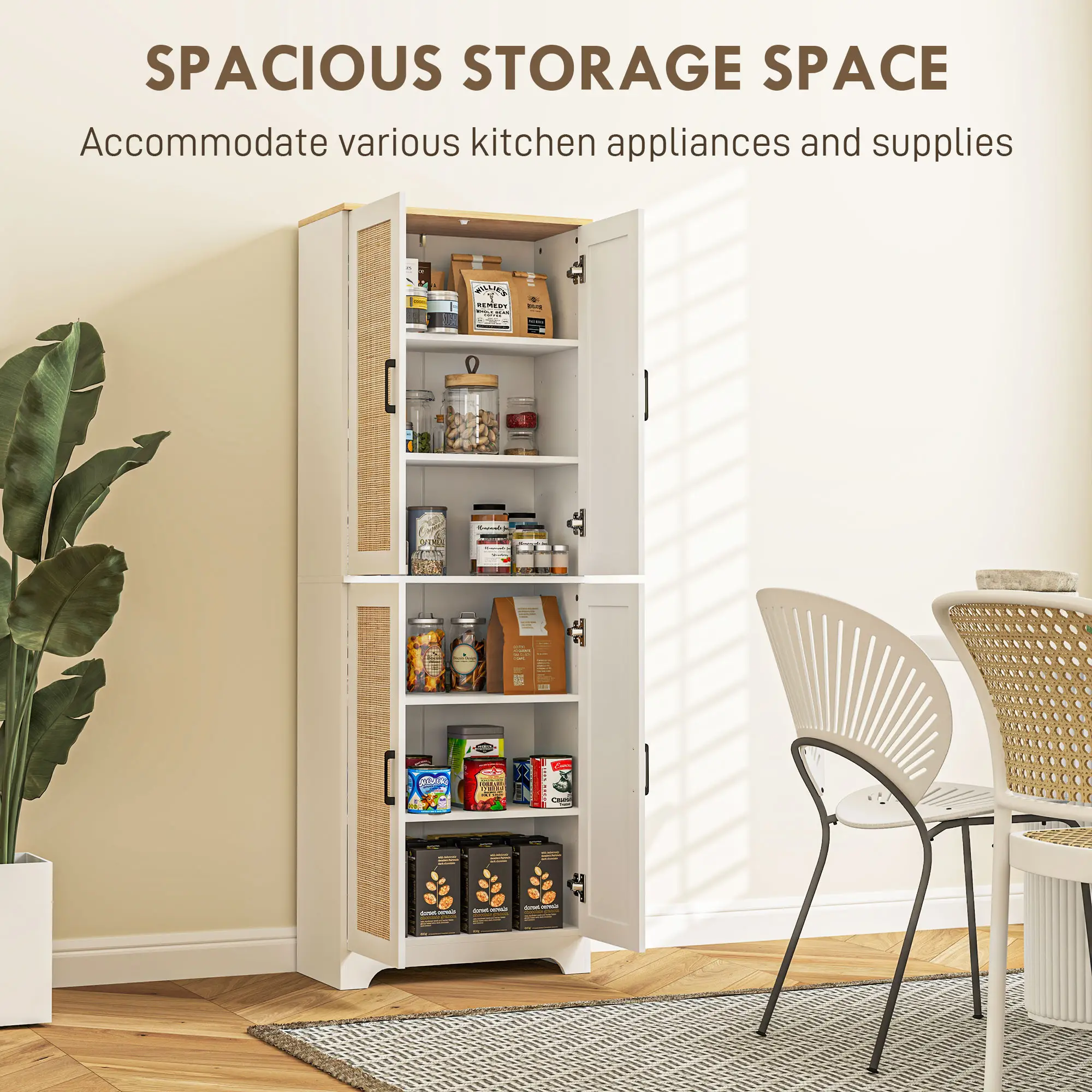67" Tall Kitchen Pantry, Freestanding Kitchen Storage Cabinet with 4 Rattan Doors and Adjustable Shelves