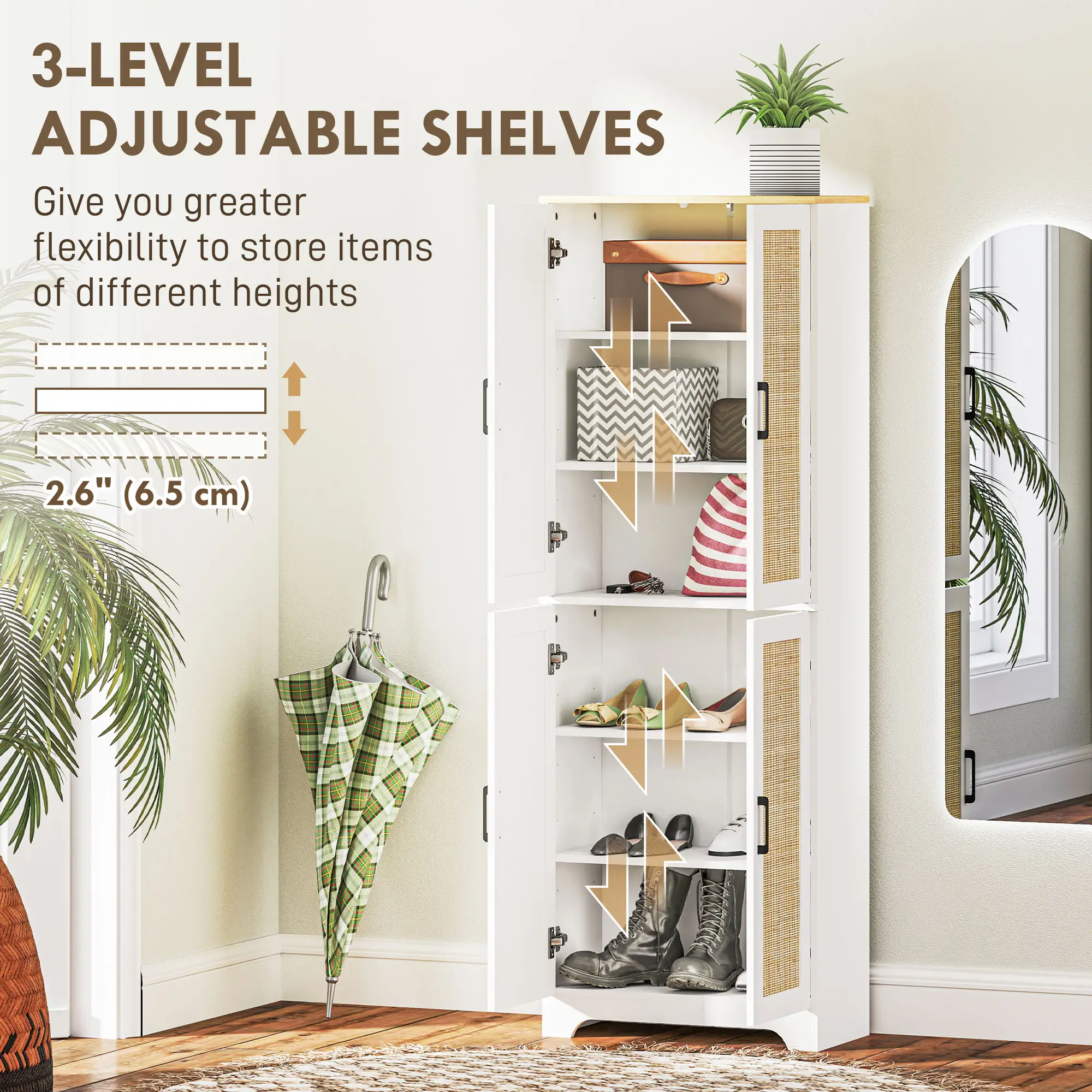 67" Tall Kitchen Pantry, Freestanding Kitchen Storage Cabinet with 4 Rattan Doors and Adjustable Shelves