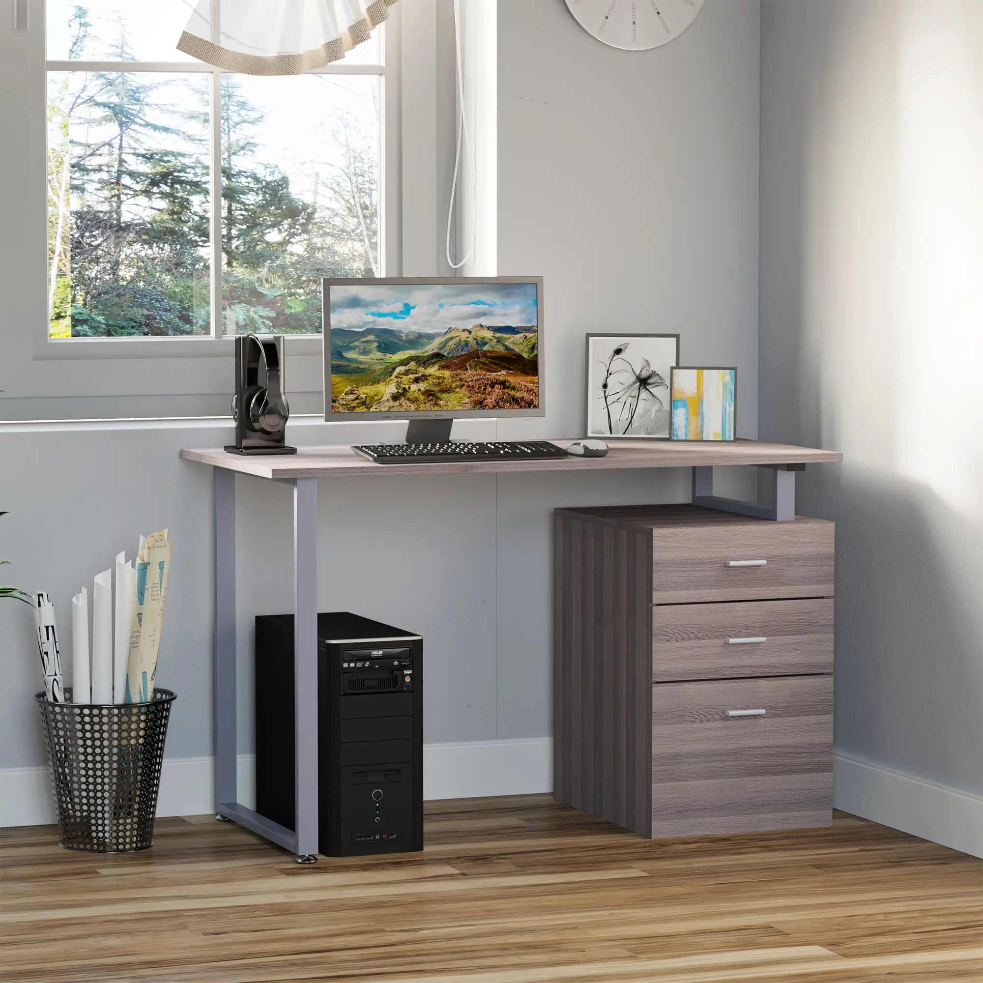 47" L Computer Desk Writing Table Workstation with Multi-Use Reversible File Drawers Metal Frame 