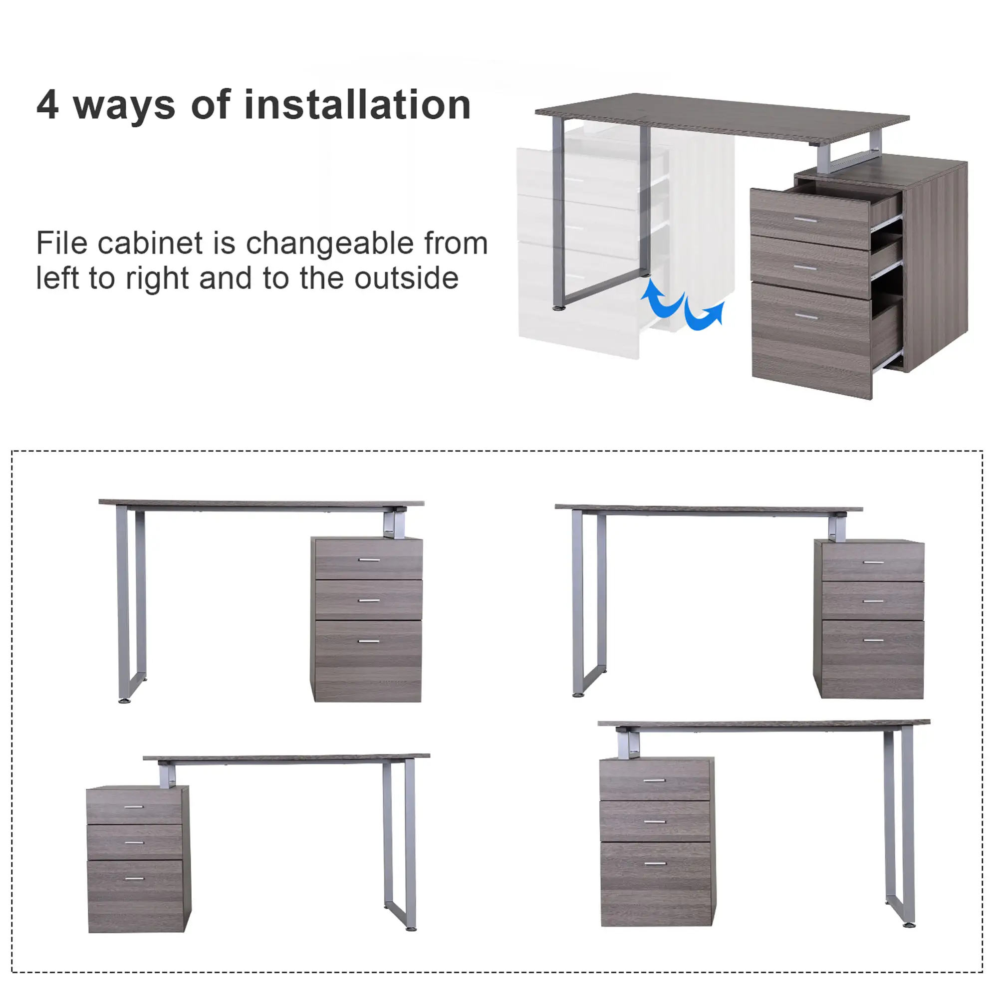 47" L Computer Desk Writing Table Workstation with Multi-Use Reversible File Drawers Metal Frame 