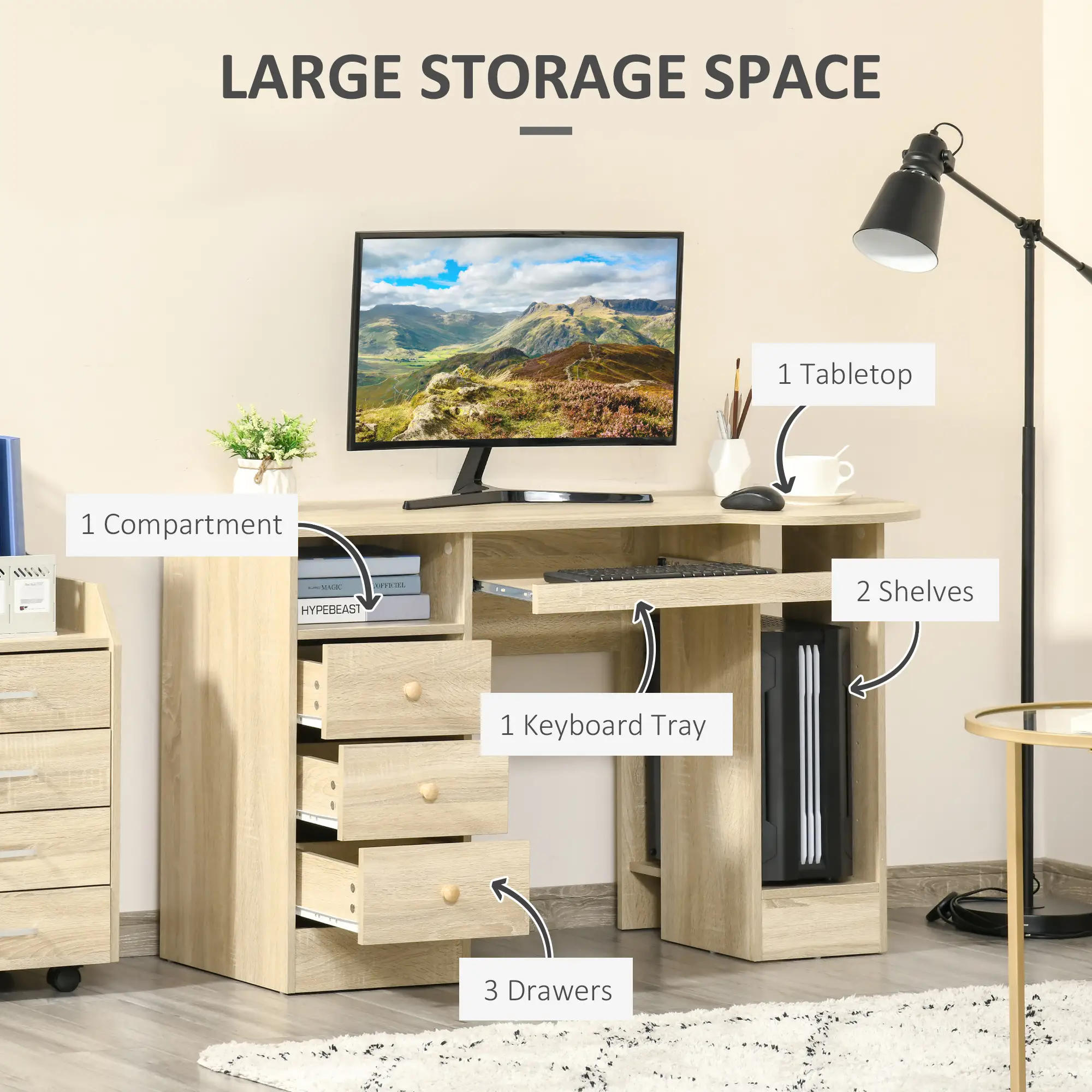 Computer Desk with Storage, Home Office Laptop Table with Shelves and Drawers, Modern Workstation Desk with Keyboard Tray