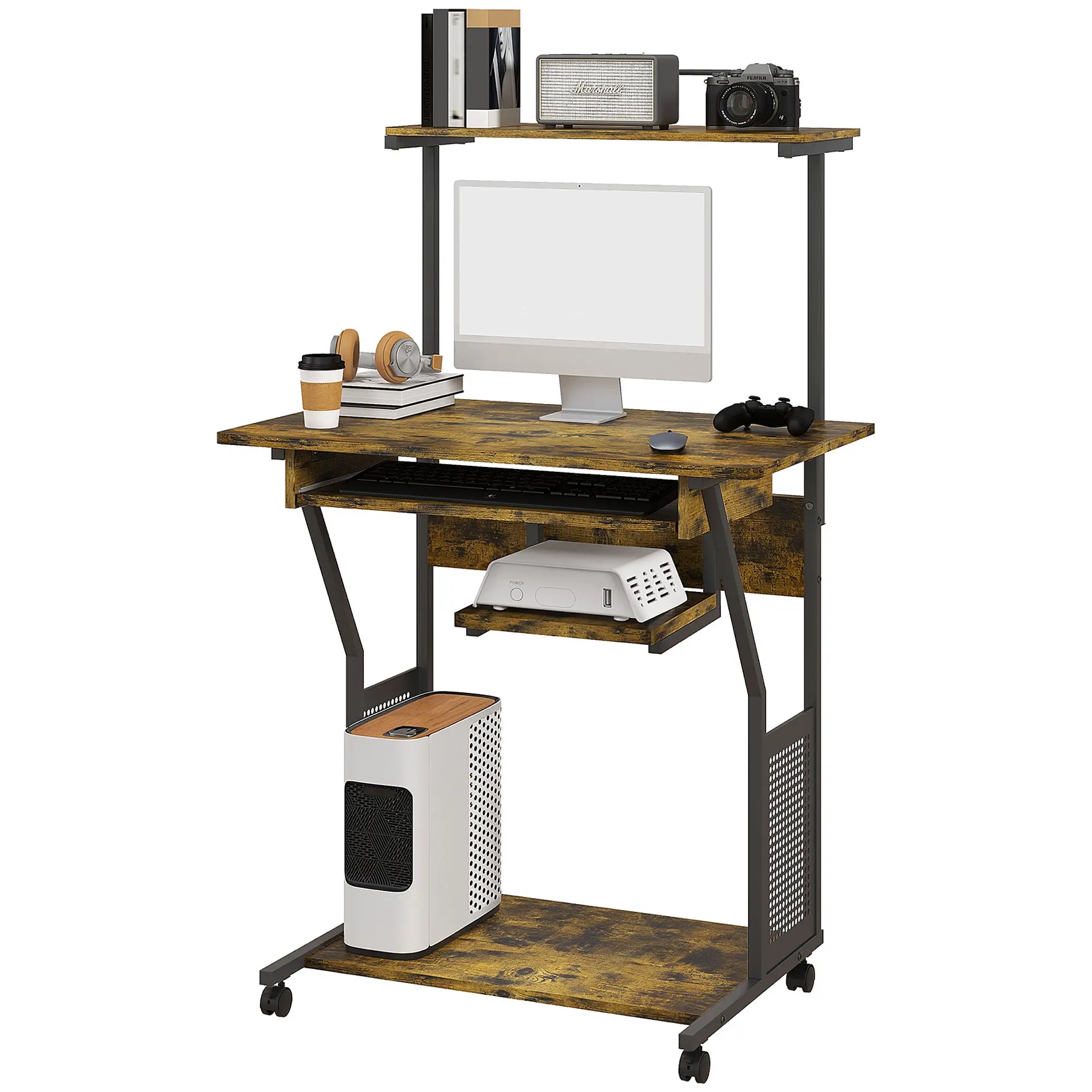 32" Mobile Computer Table, Rolling Study Desk for Home Office with Keyboard Tray, Storage Shelves, Wheels