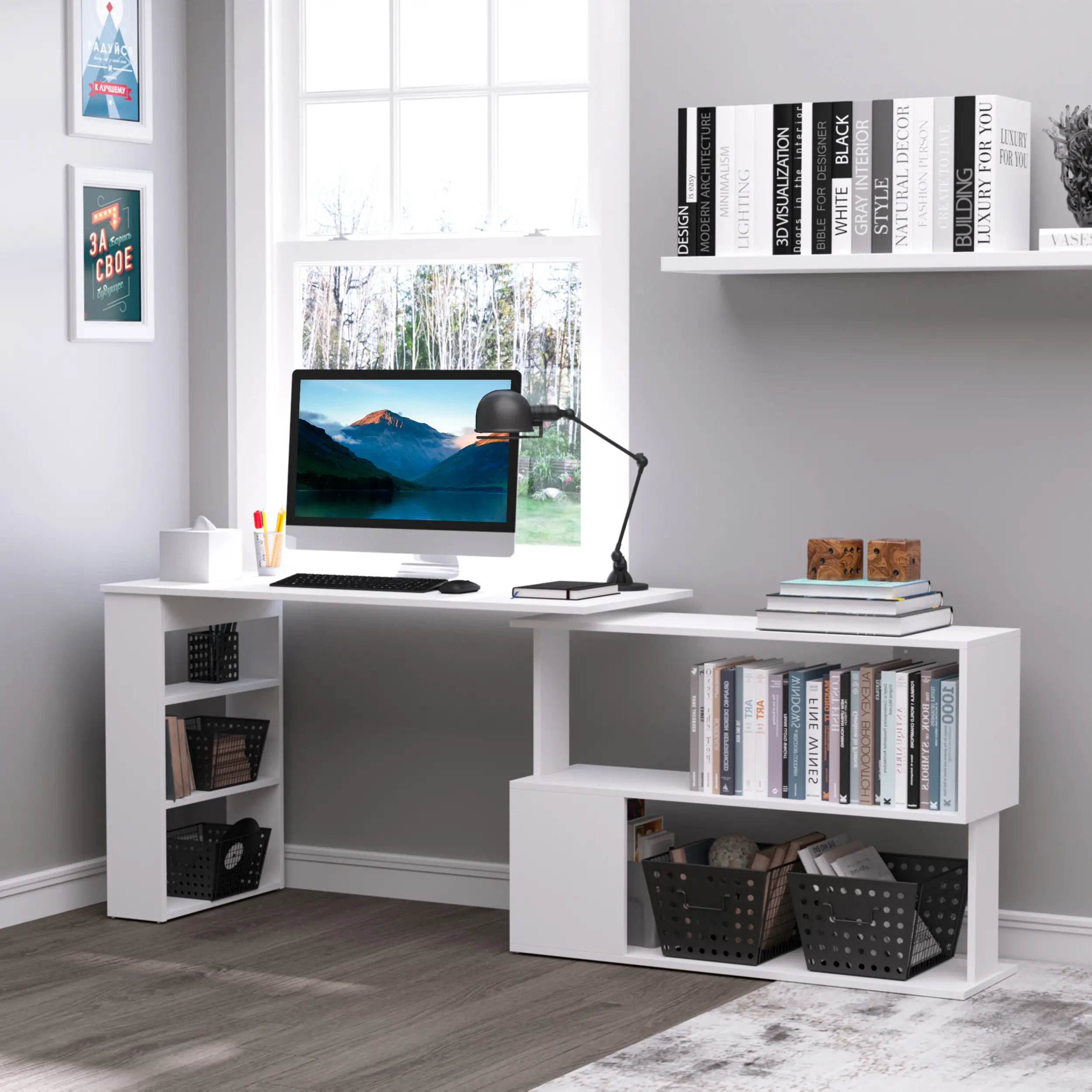  L Shaped Desk, 360° Rotating Corner Desk, Computer Writing Table Workstation with Storage Shelf 
