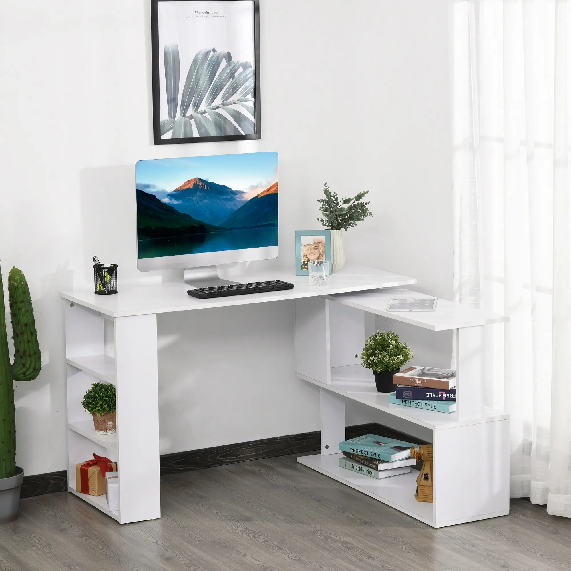  L Shaped Desk, 360° Rotating Corner Desk, Computer Writing Table Workstation with Storage Shelf 