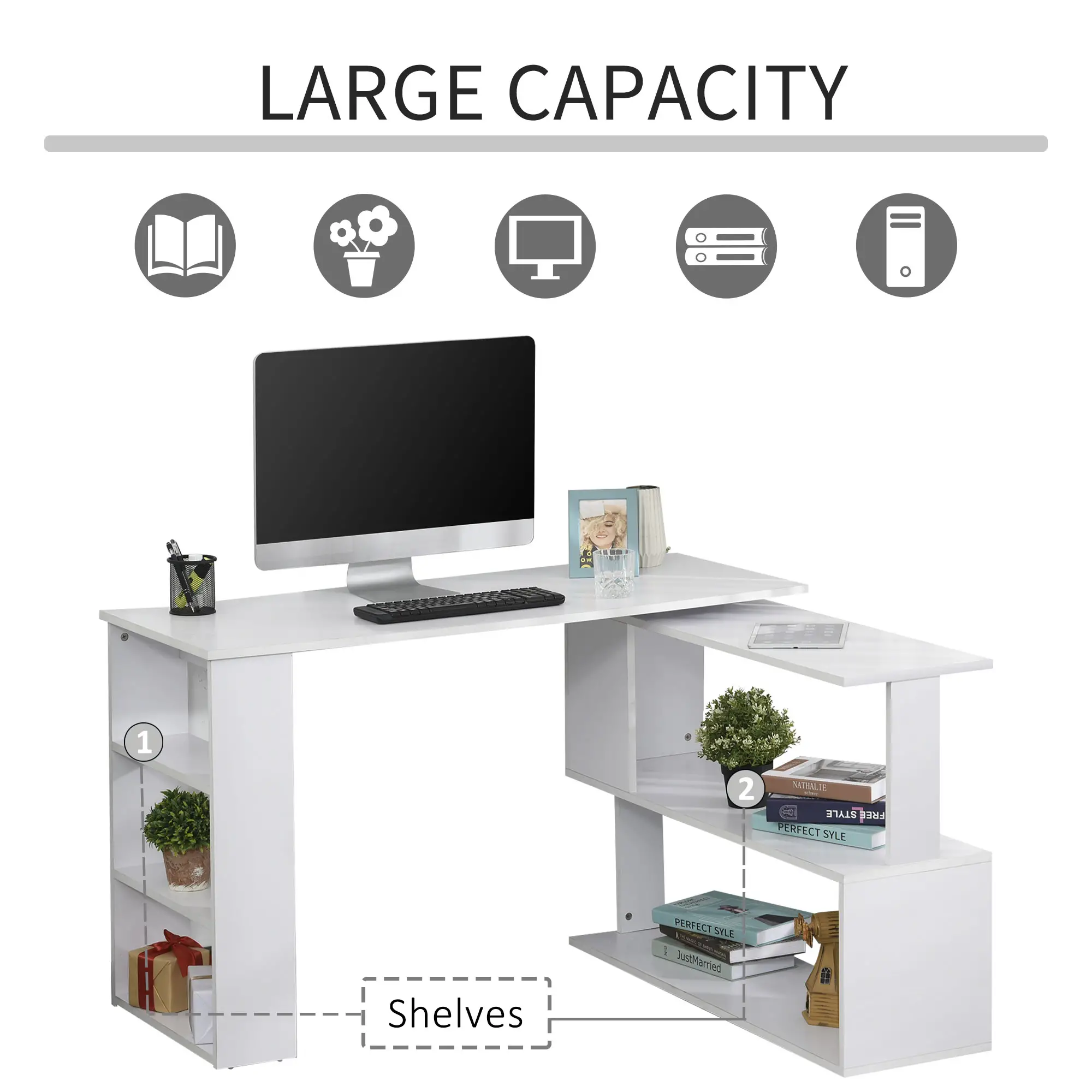  L Shaped Desk, 360° Rotating Corner Desk, Computer Writing Table Workstation with Storage Shelf 