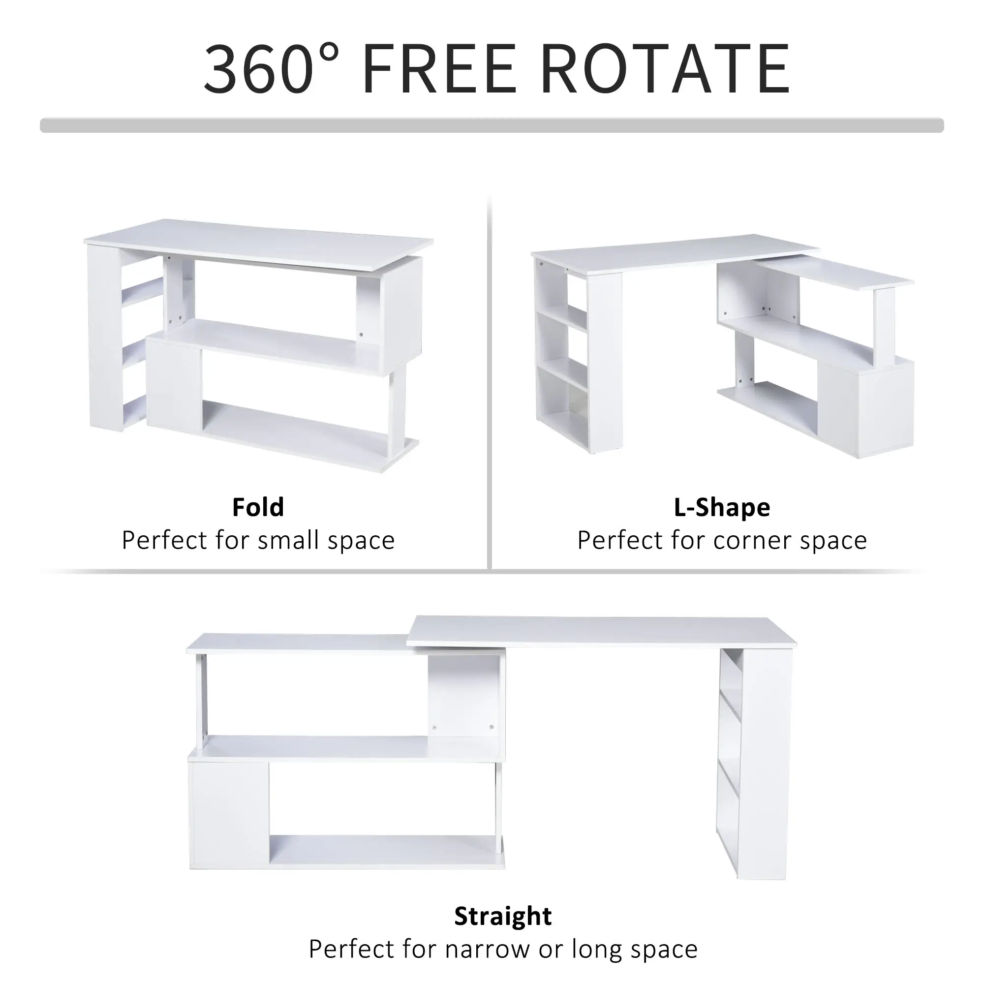  L Shaped Desk, 360° Rotating Corner Desk, Computer Writing Table Workstation with Storage Shelf 