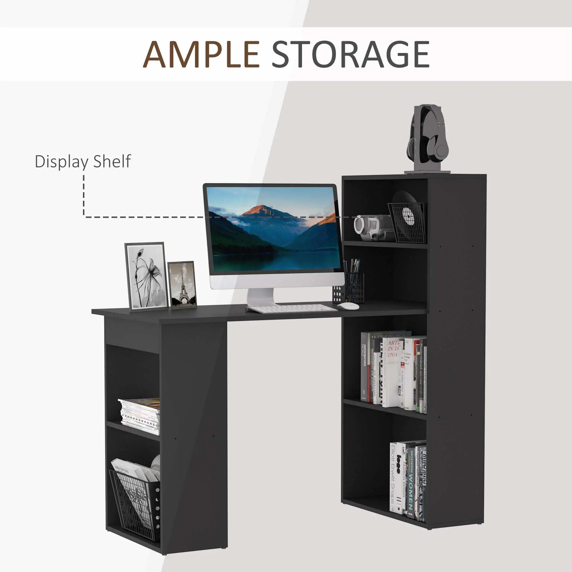 Modern Computer Desk with Storage Shelves, 47" Writing Table Workstation with Bookshelf 