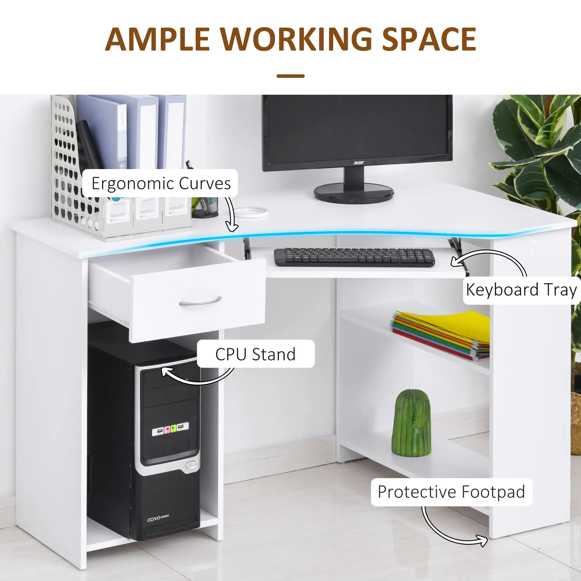 L-Shaped Desk with Keyboard Tray, Computer Corner Desk for Small Space with Shelves, Drawer, CPU Stand