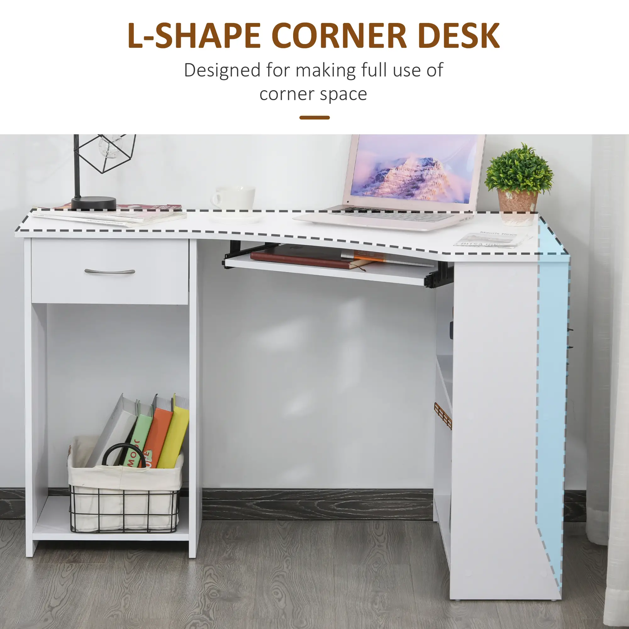 L-Shaped Desk with Keyboard Tray, Computer Corner Desk for Small Space with Shelves, Drawer, CPU Stand