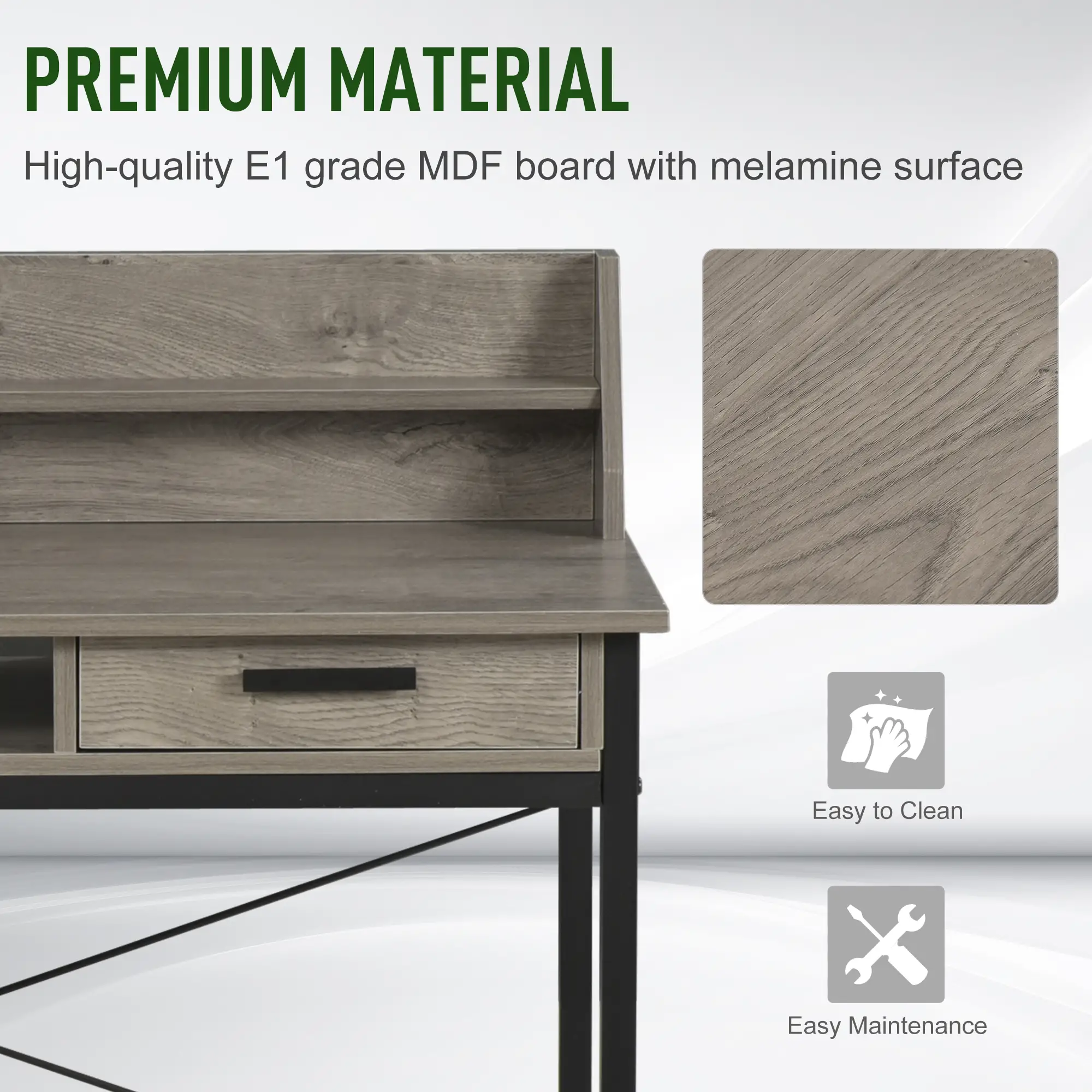 Industrial Computer Desk with Drawer and Open Shelves, Writing Table with Hutch