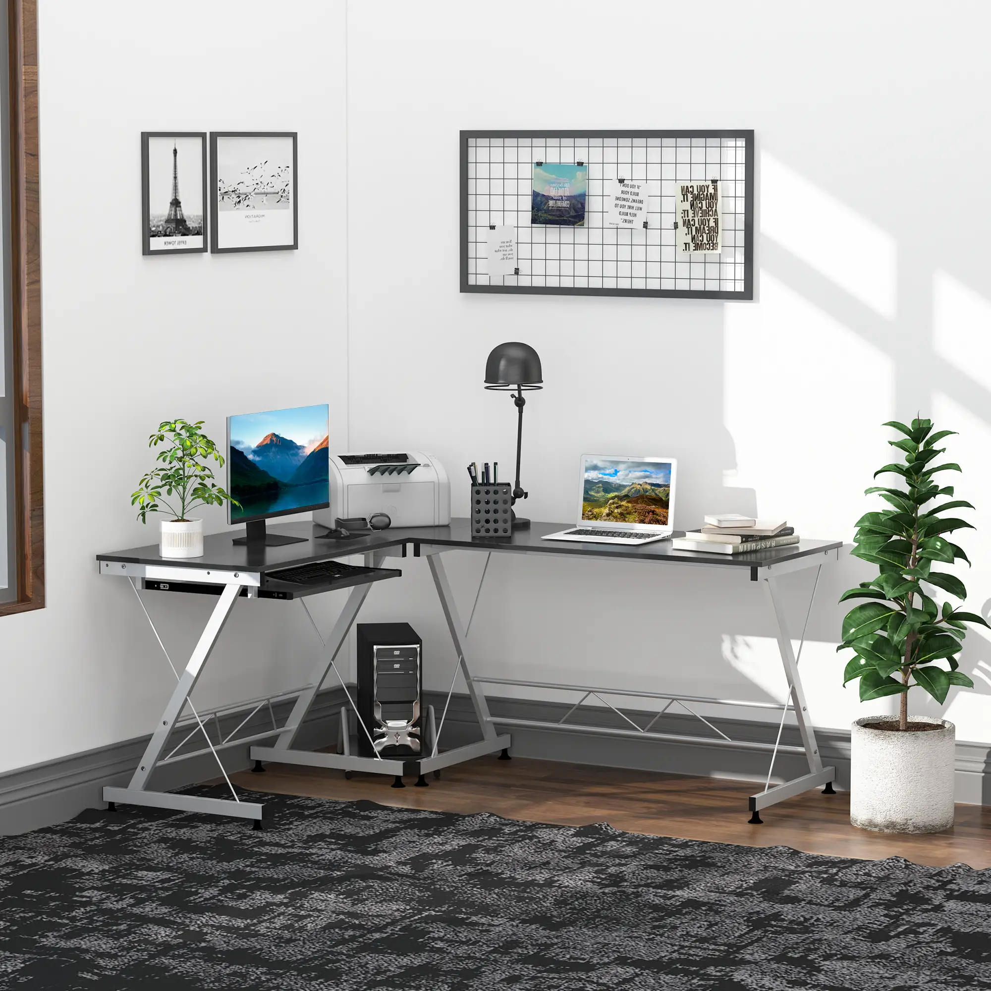 L-Shaped Computer Desk, Corner Table with Keyboard Tray for PC Laptop Desktop, Workstation Stand