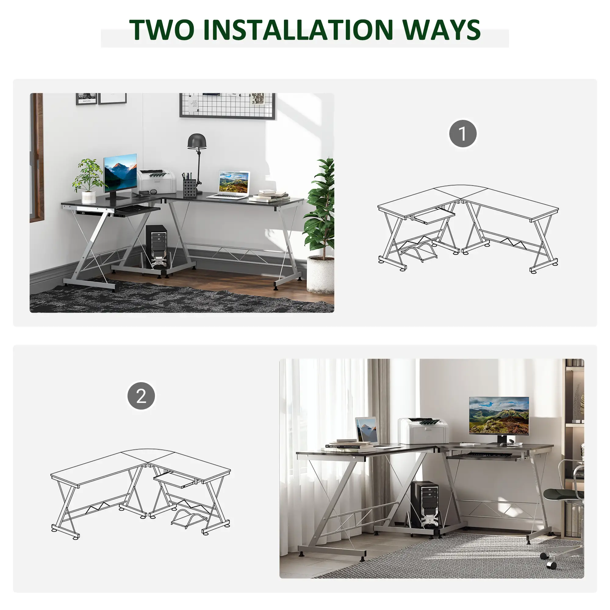 L-Shaped Computer Desk, Corner Table with Keyboard Tray for PC Laptop Desktop, Workstation Stand