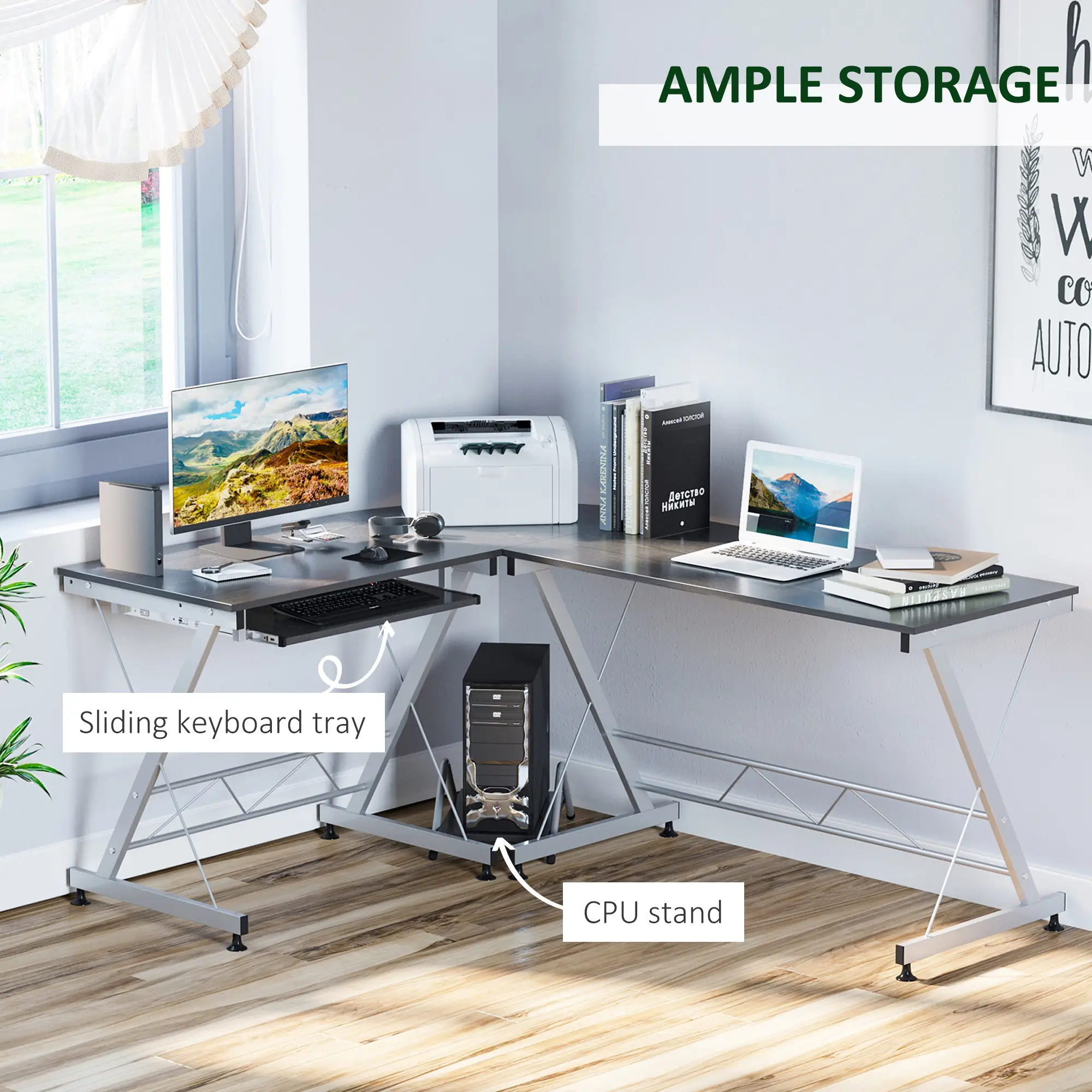 L-Shaped Computer Desk, Corner Table with Keyboard Tray for PC Laptop Desktop, Workstation Stand