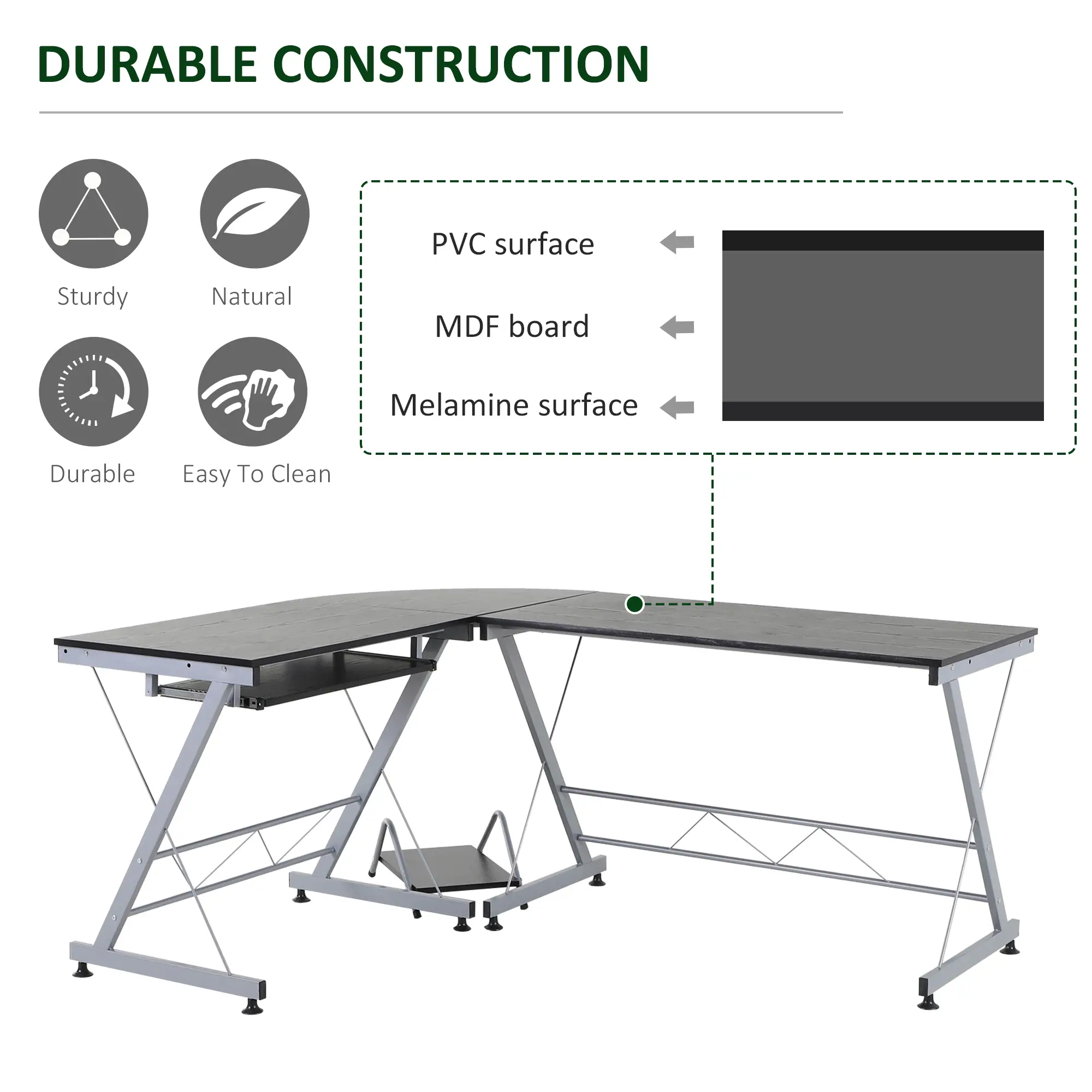 L-Shaped Computer Desk, Corner Table with Keyboard Tray for PC Laptop Desktop, Workstation Stand