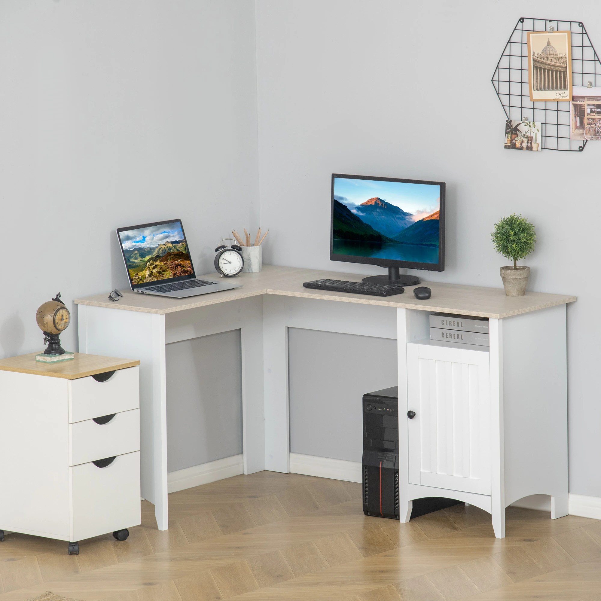 L-Shaped Computer Desk with Shelf and Storage Cabinet, Corner Writing Desk