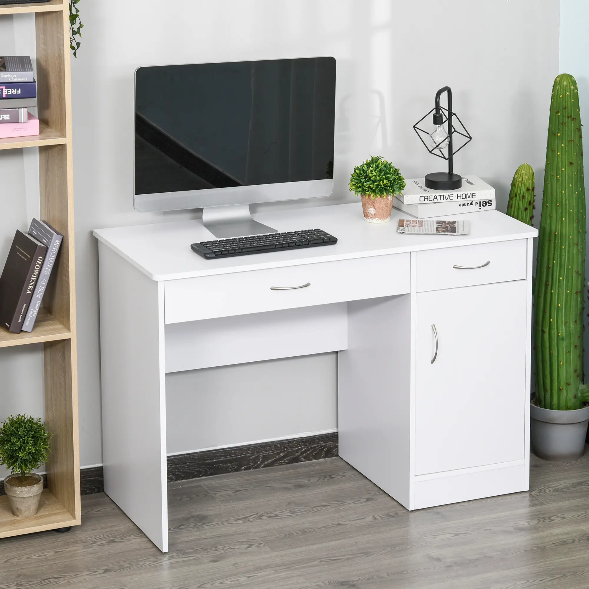 Computer Desk with Storage Drawers, Study Writing Table with Cabinet Adjustable Shelf