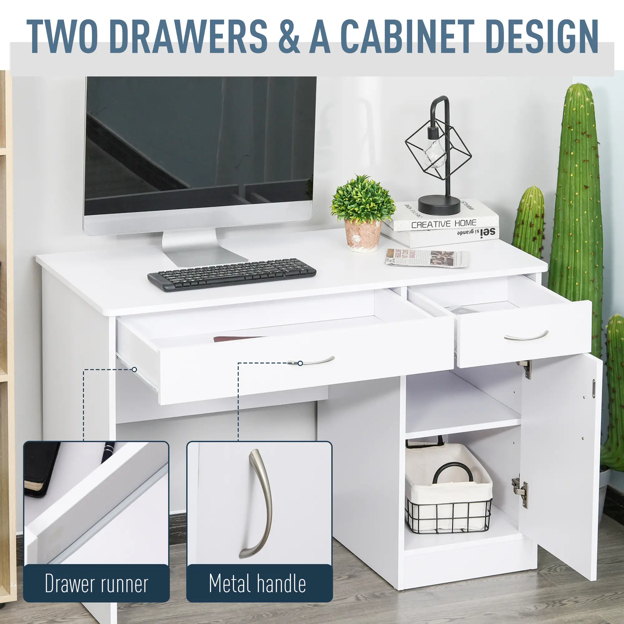 Computer Desk with Storage Drawers, Study Writing Table with Cabinet Adjustable Shelf