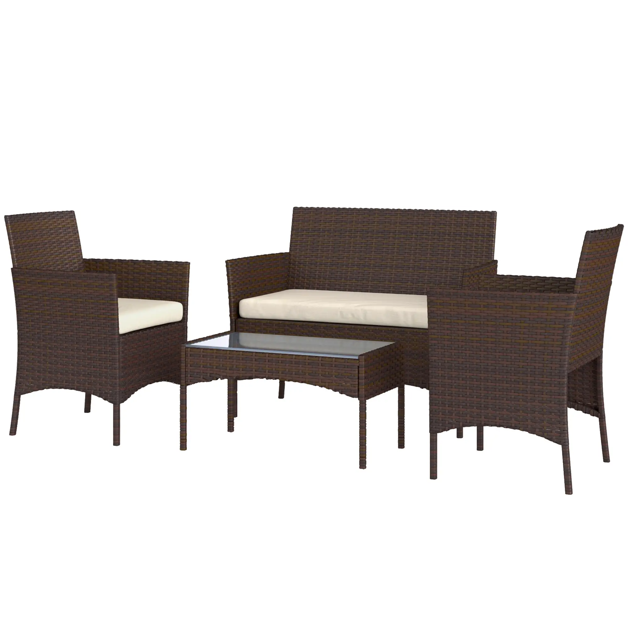 4 Pieces Wicker Outdoor Rattan Patio Set with Loveseat Chairs Glass Coffee Table