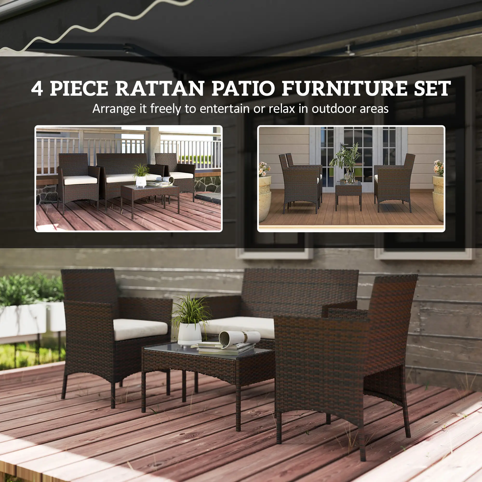 4 Pieces Wicker Outdoor Rattan Patio Set with Loveseat Chairs Glass Coffee Table