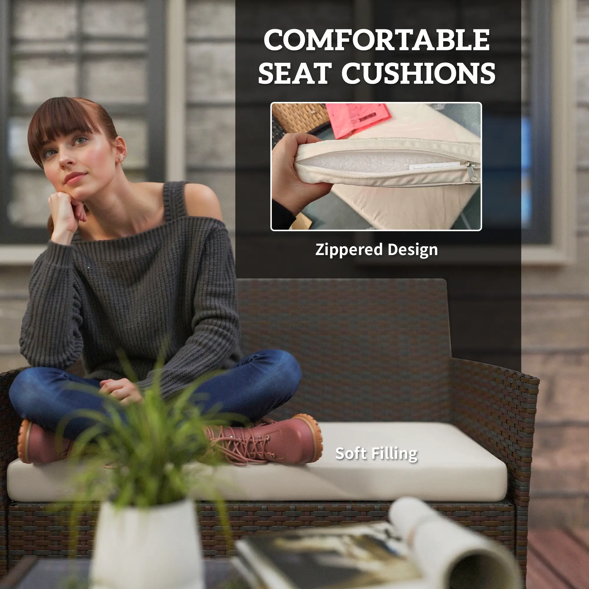 4 Pieces Wicker Outdoor Rattan Patio Set with Loveseat Chairs Glass Coffee Table