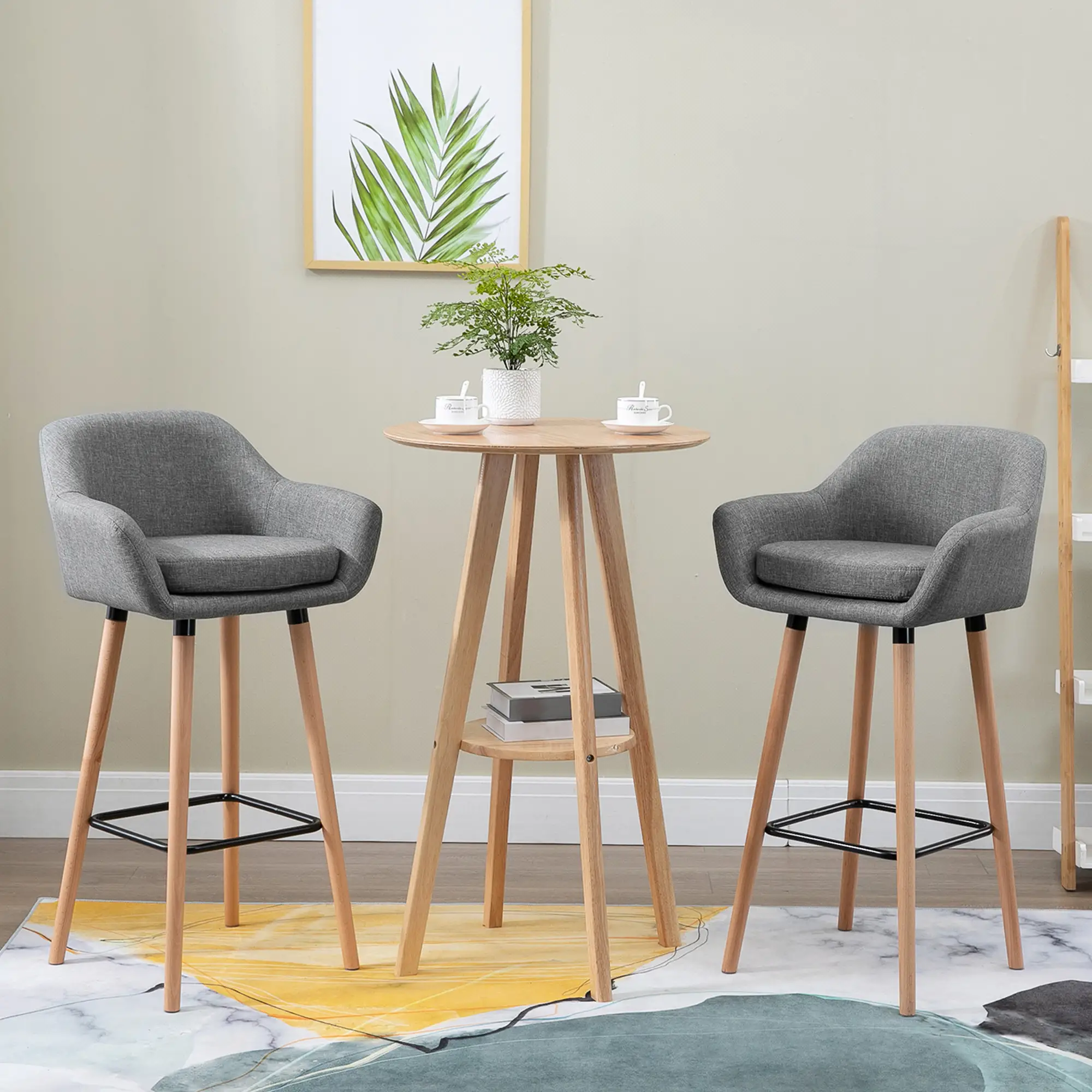 Modern Bar Stools Set of 2, 31.5" Barstools with Linen Fabric and Solid Wood Legs, Backrest and Footrest
