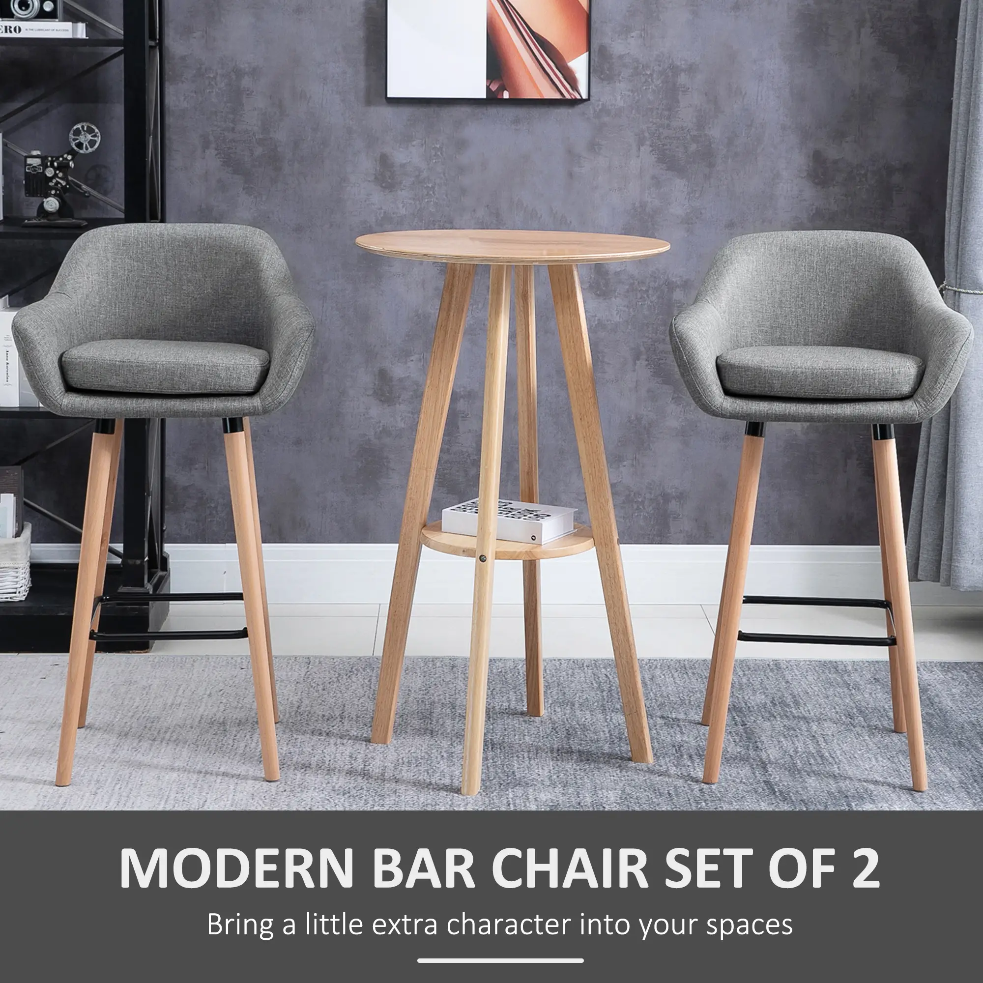 Modern Bar Stools Set of 2, 31.5" Barstools with Linen Fabric and Solid Wood Legs, Backrest and Footrest