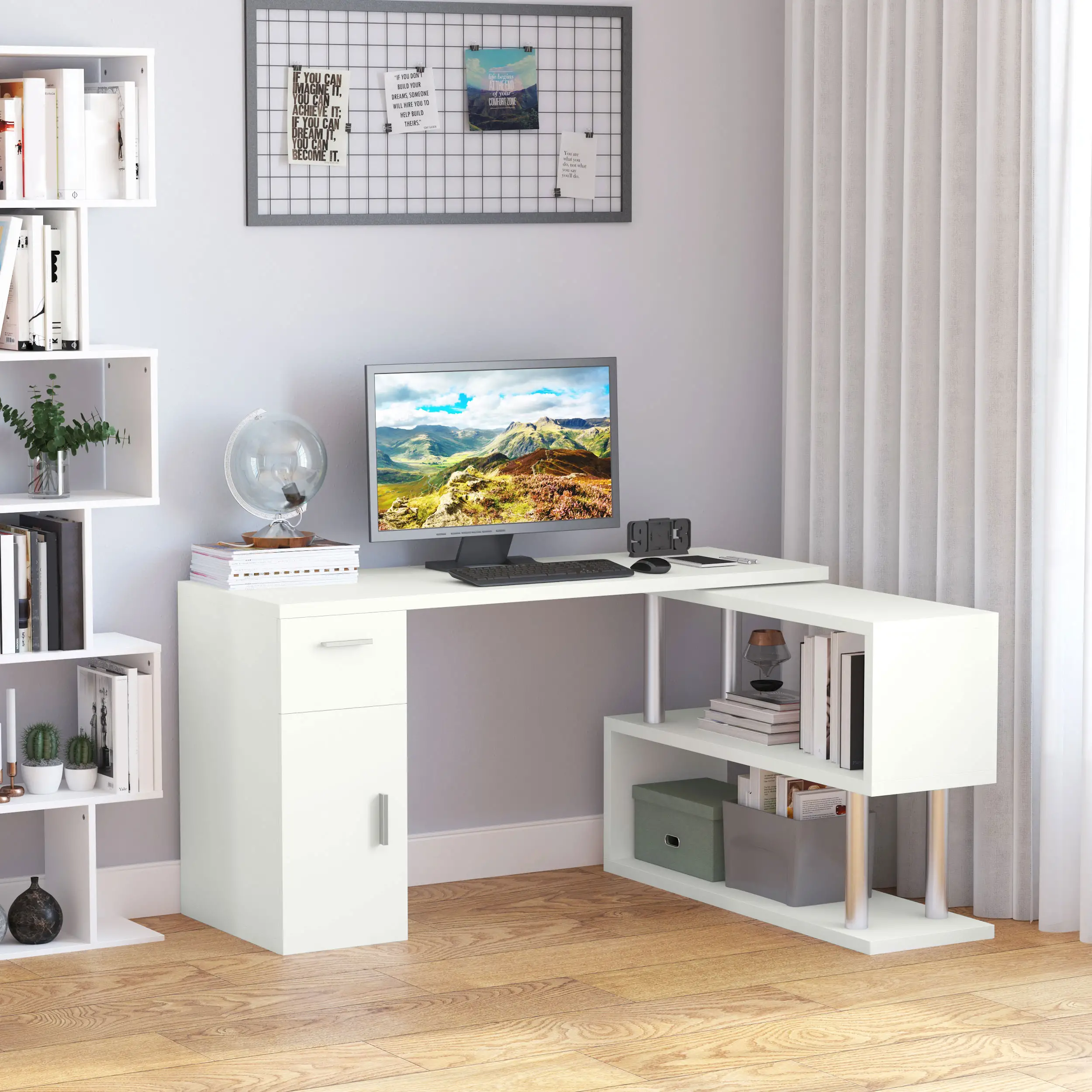 L-Shaped Rotating Computer Desk Home Office Study Workstation with Storage Shelves, Cabinet and Drawer