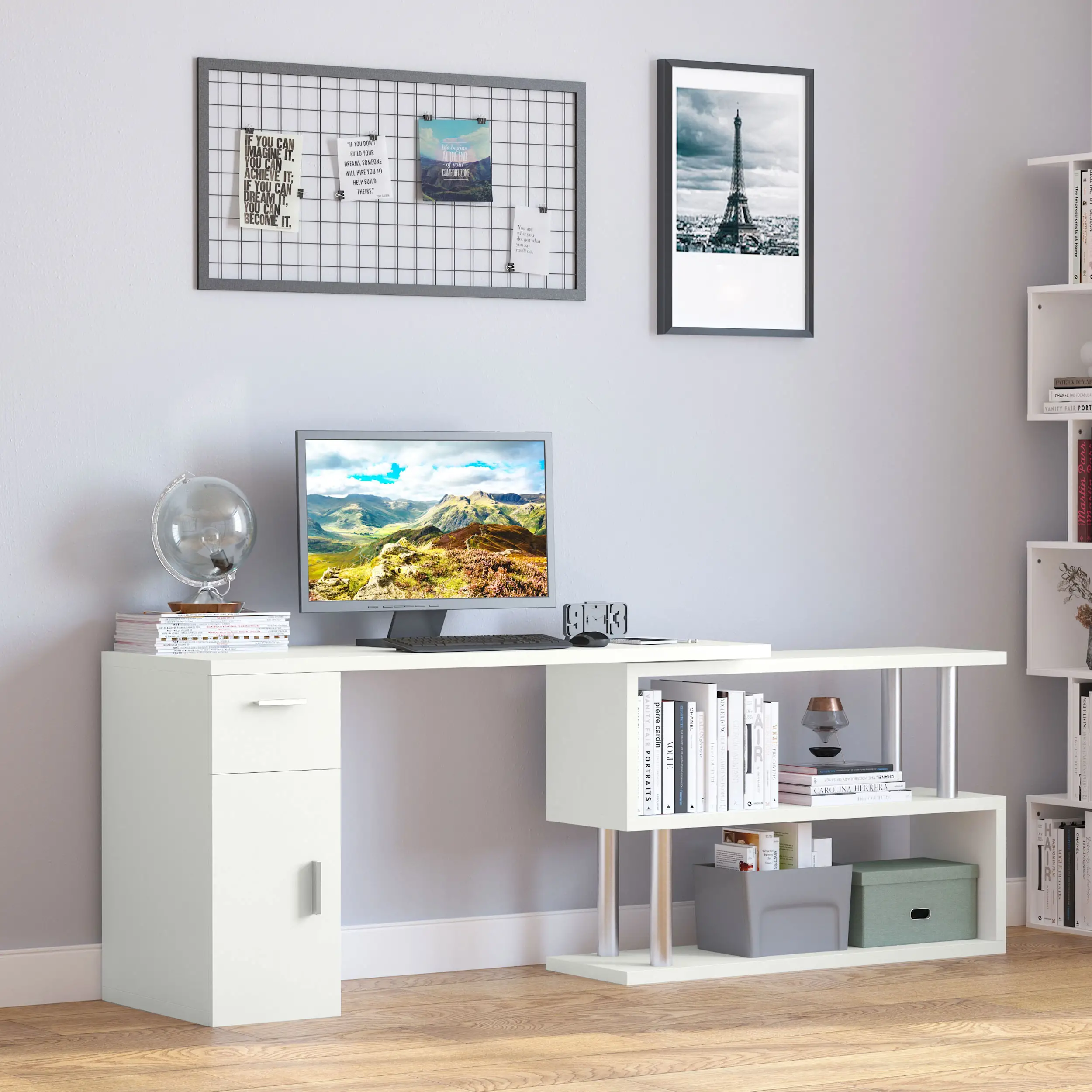 L-Shaped Rotating Computer Desk Home Office Study Workstation with Storage Shelves, Cabinet and Drawer