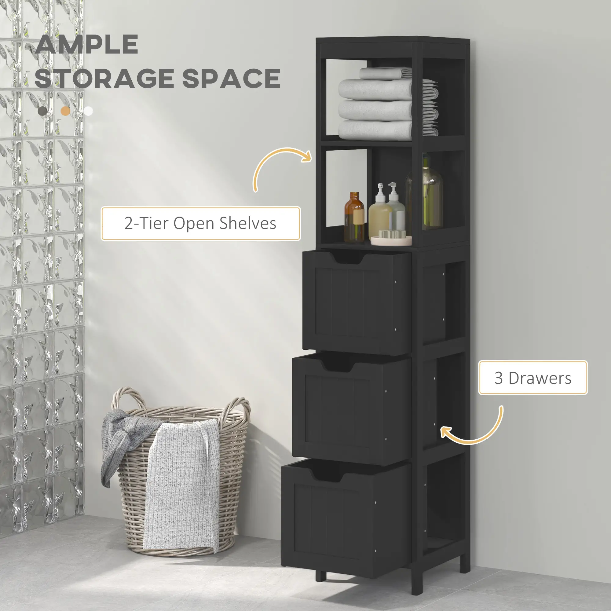 Narrow Bathroom Cabinet with 3 Drawers and 2 Tier Shelf, Tall Cupboard Freestanding Linen Tower