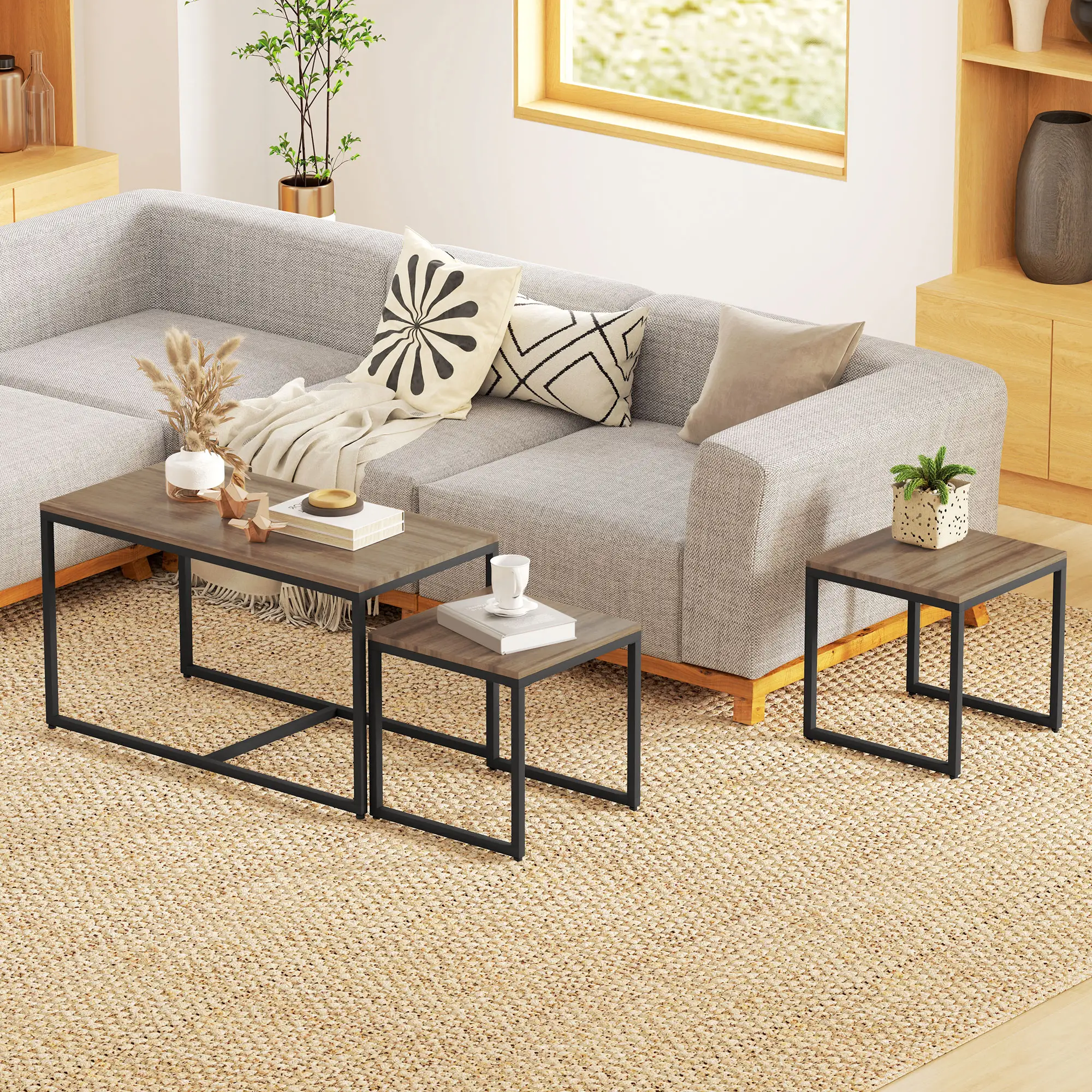 Nesting Coffee Table Set of 3, Modern End Tables with Black Metal Frame 