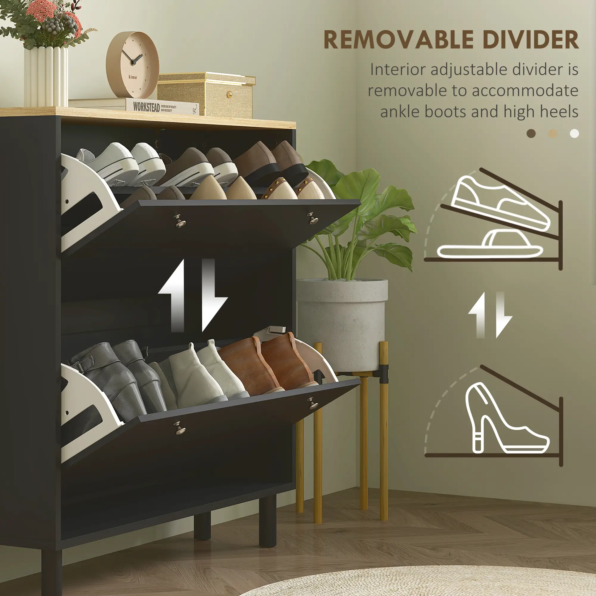 2 Drawers Shoe Storage Cabinet with Adjustable Shelves for 16 Pairs of Shoes