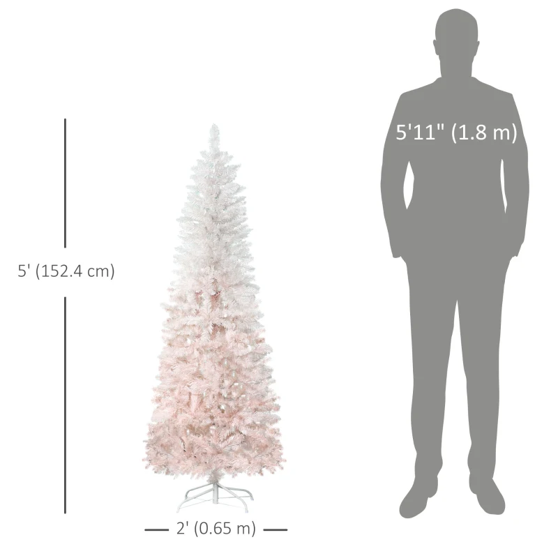  5ft Pencil Artificial Christmas Tree with Pine Realistic Branches, Auto Open, Pink and White