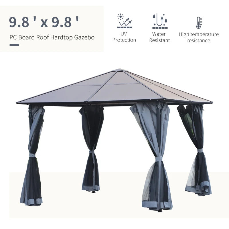 9.8' x 9.8' Garden Aluminium Gazebo Hardtop Roof Canopy Marquee Party Tent Patio Outdoor Shelter with Mesh Curtains & Side Walls