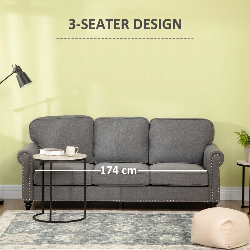 3-Seater Sofa Couch, 81" Modern Upholstered Linen Fabric Sofa with Rubberwood Legs, Nailhead Trim and Rolled Arms