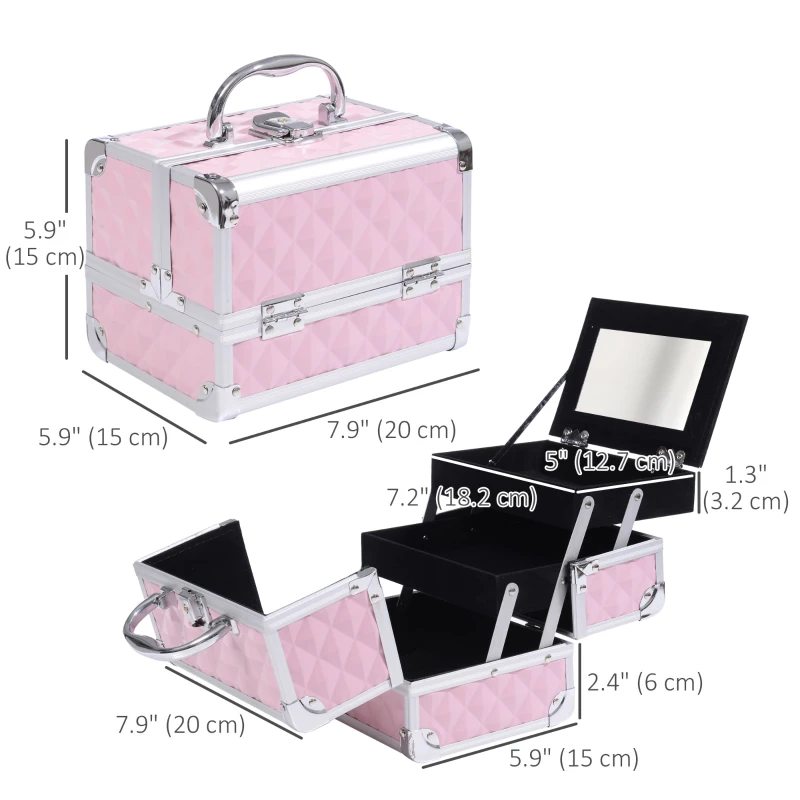3 Tier Diamond Texture Makeup Case Train Case Cosmetic Organizer with Mirror